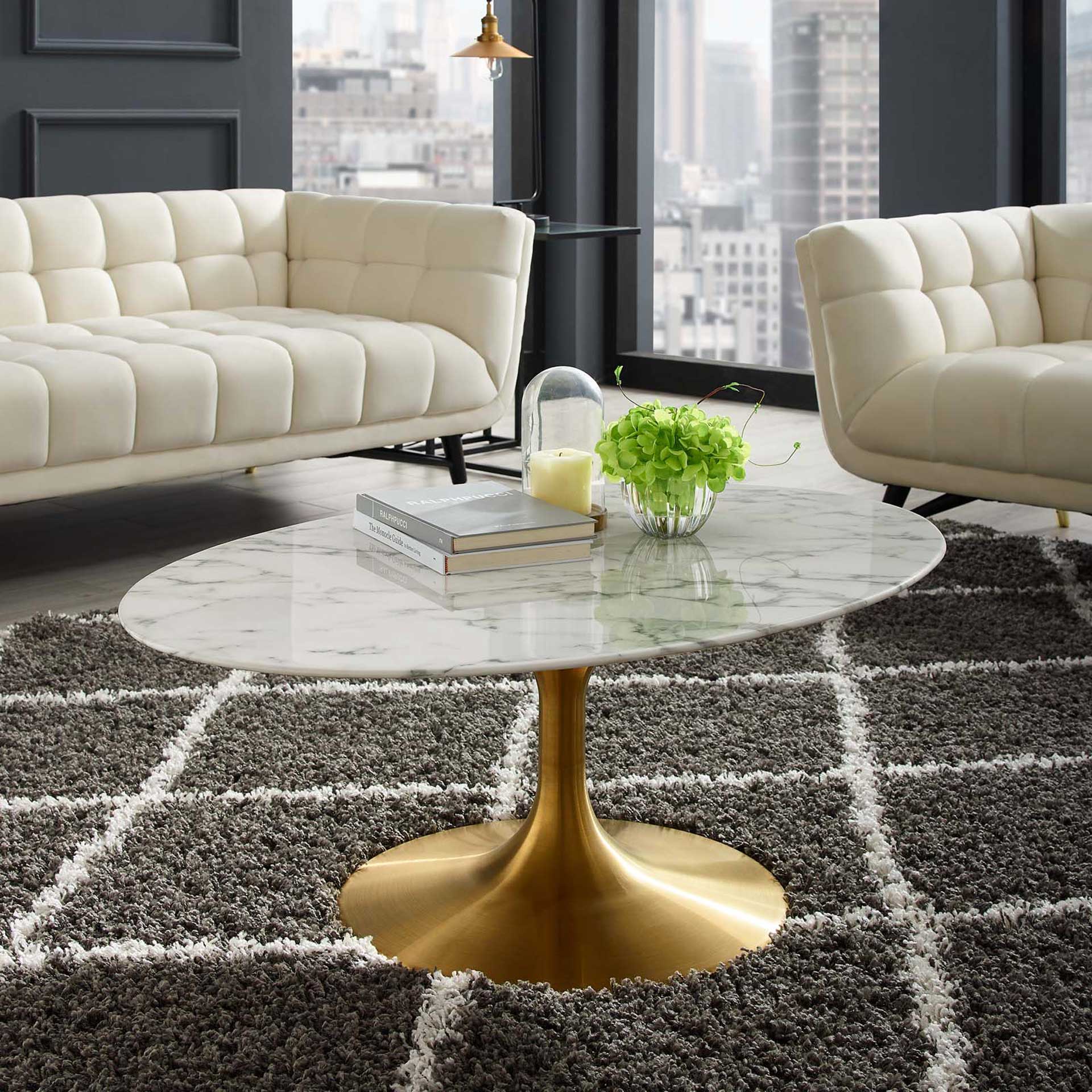 Lore Oval Coffee Table Gold/White Marble - Image 4
