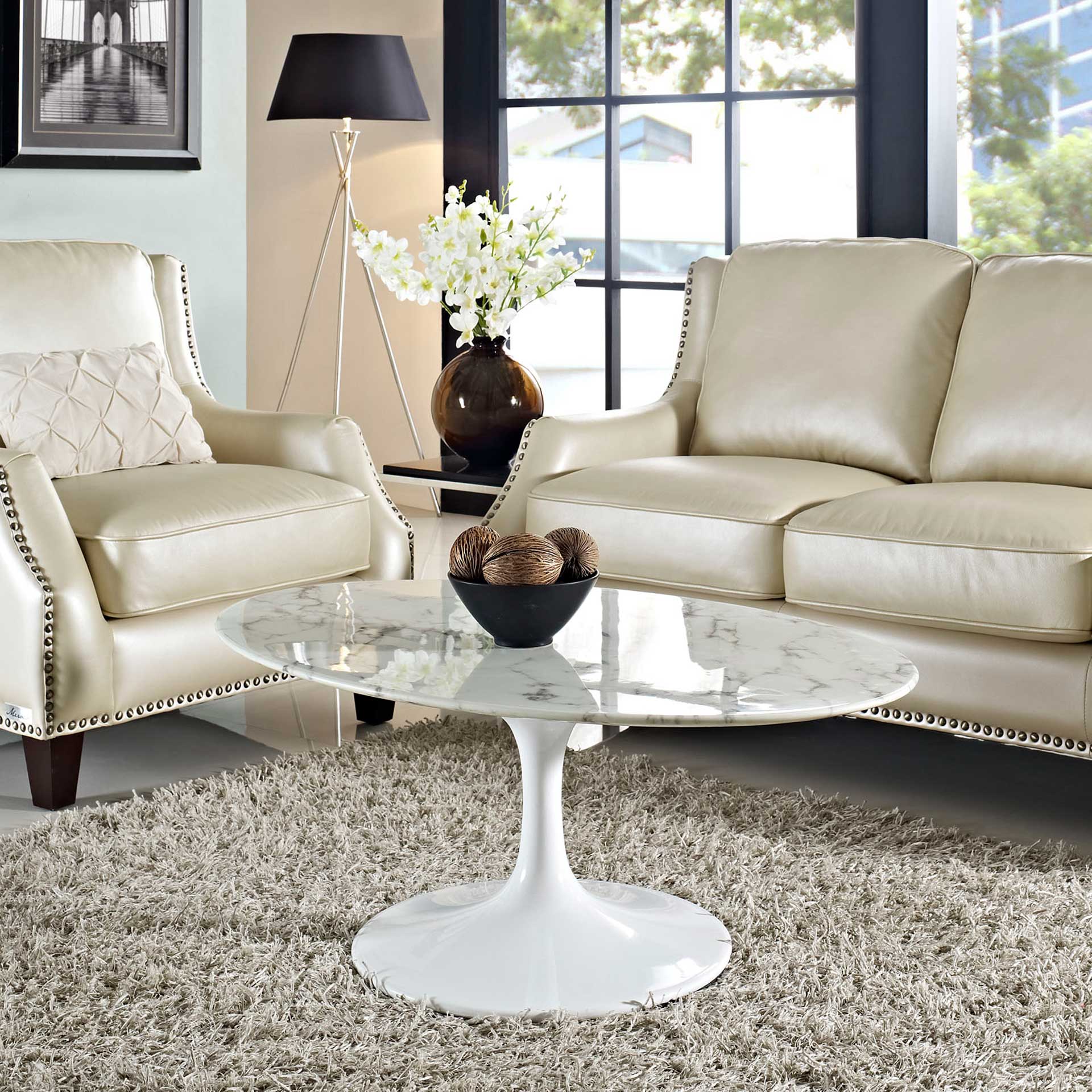 Lore Oval Coffee Table White Marble - Image 9
