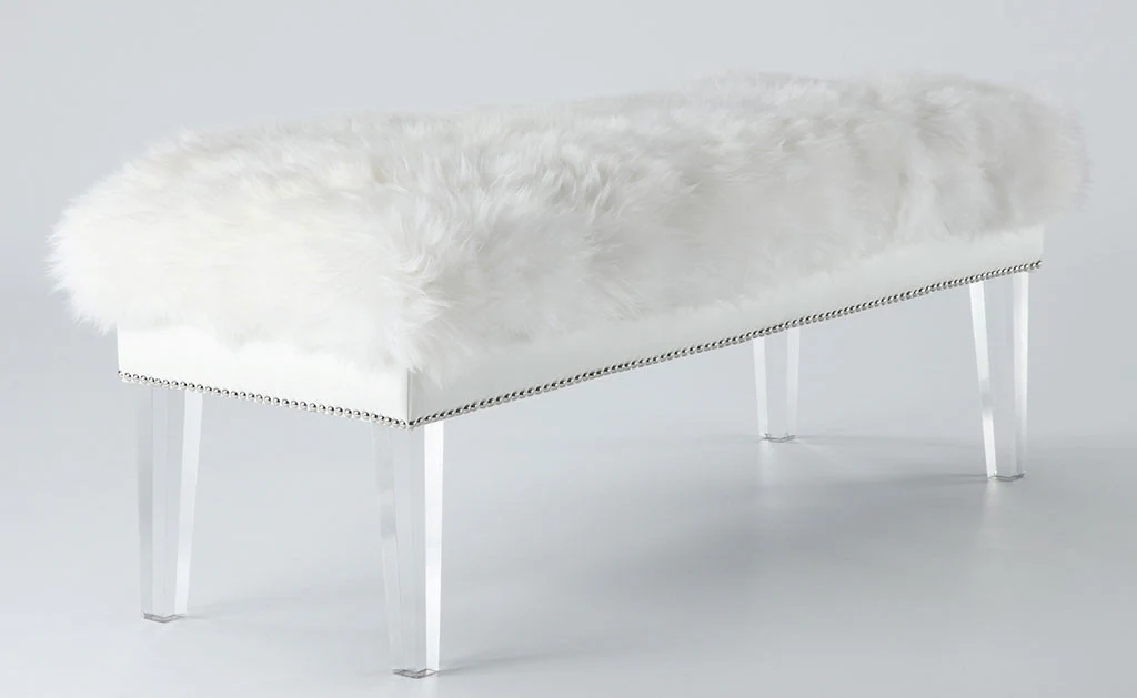 Luke White Sheepskin Lucite Bench - Image 2