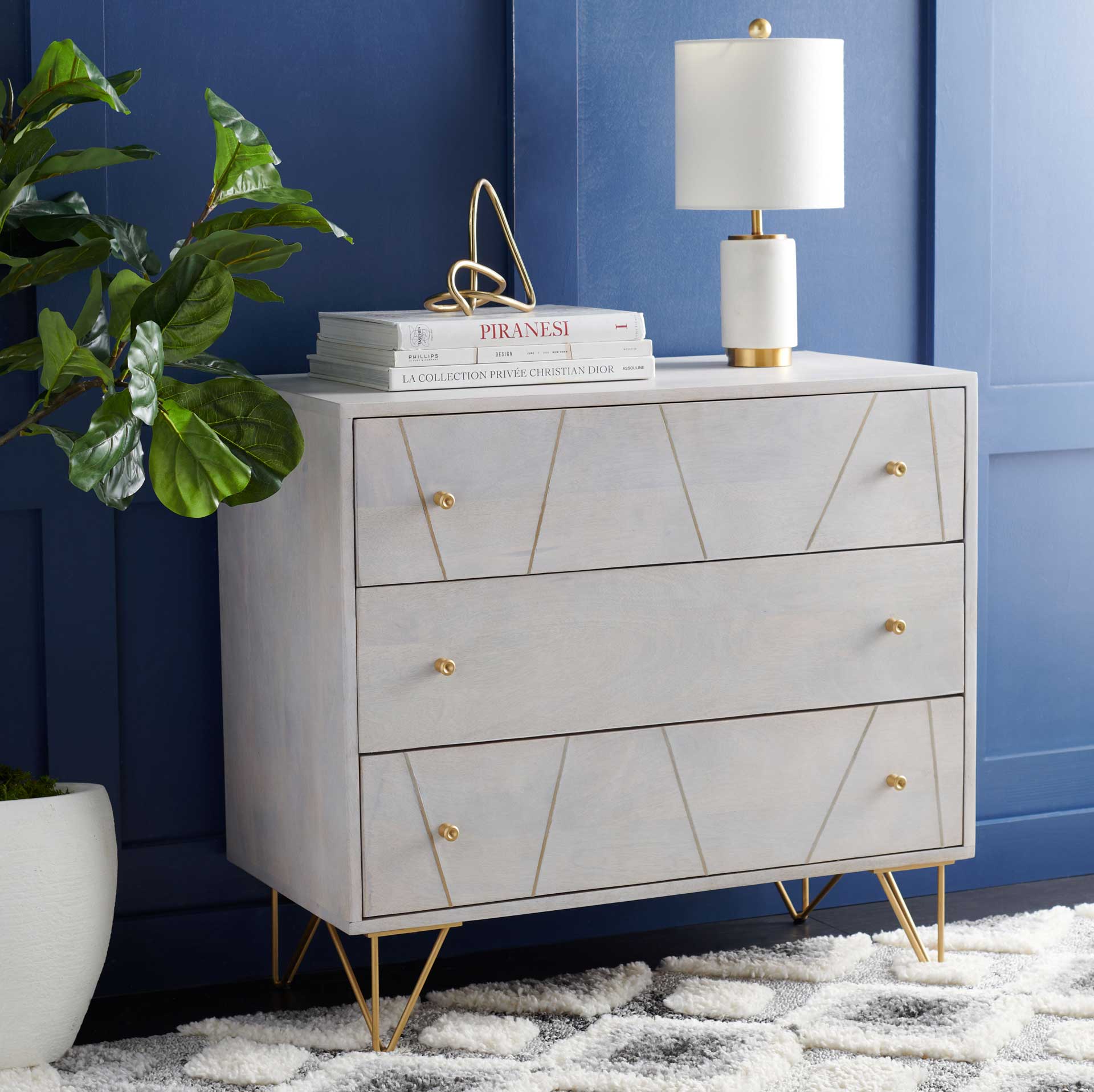 Macey 3 Drawer Chest White Wash/Brass - Image 6