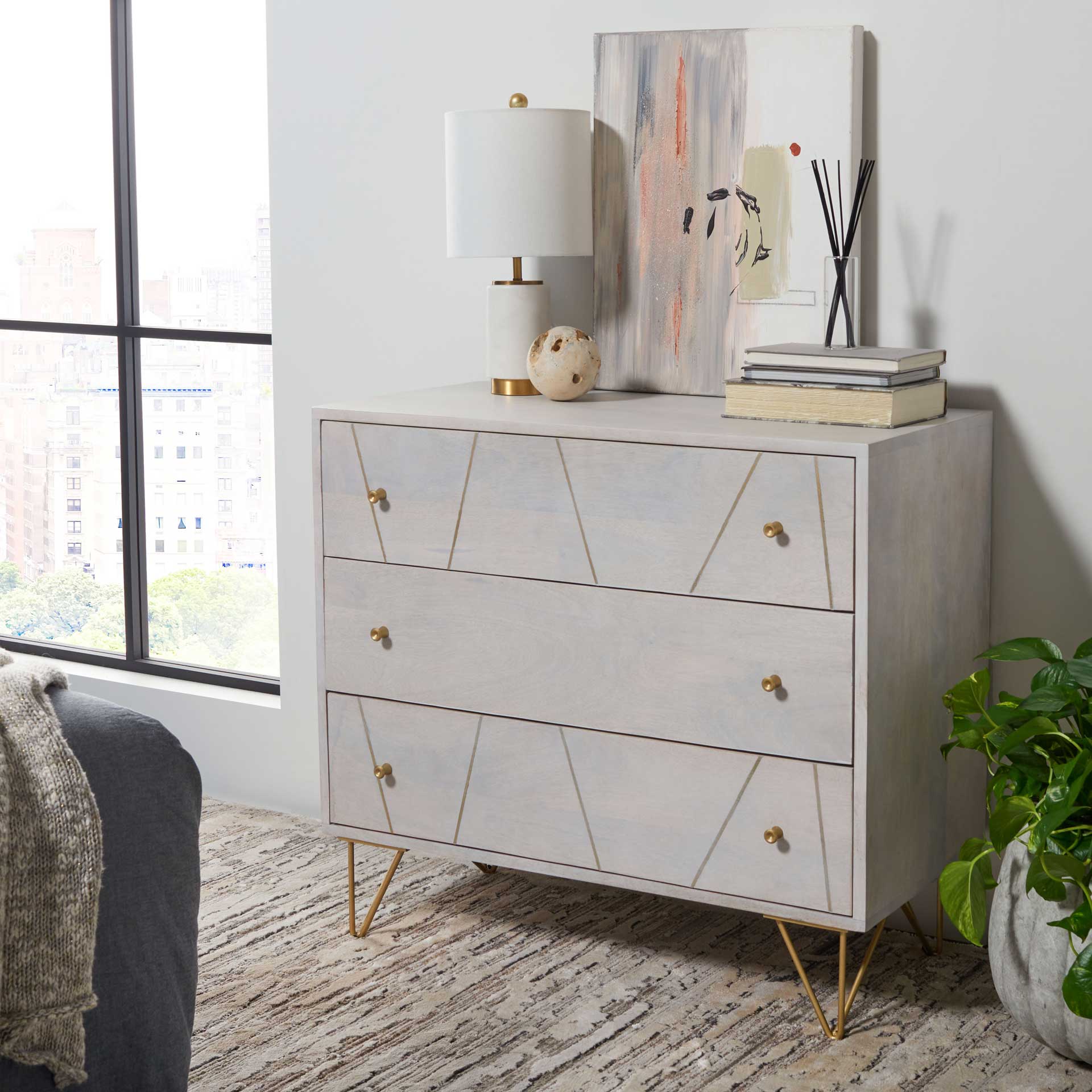 Macey 3 Drawer Chest White Wash/Brass - Image 7
