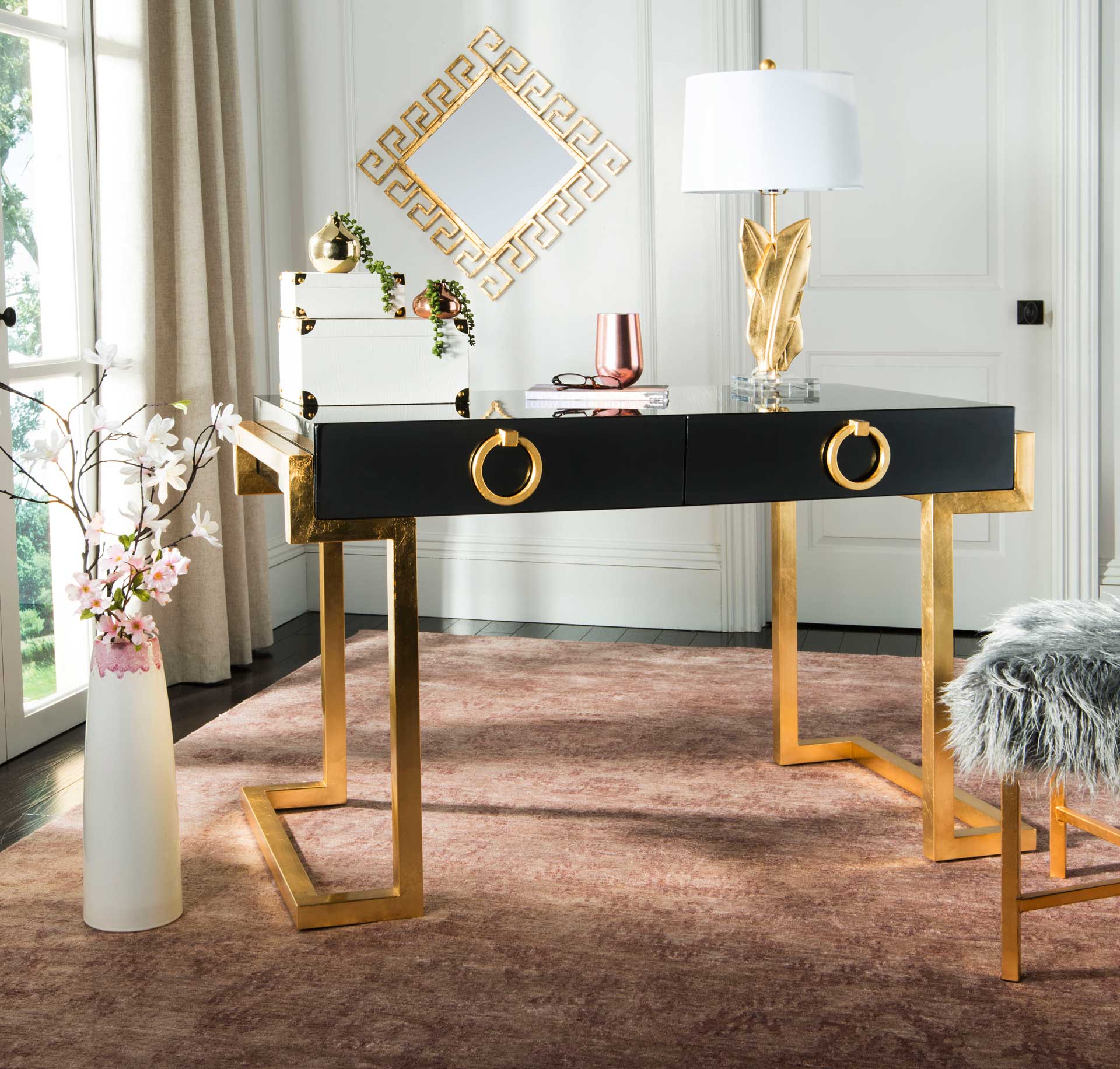 Maddison 2-Drawer Lacquer Desk Black/Gold - Image 9