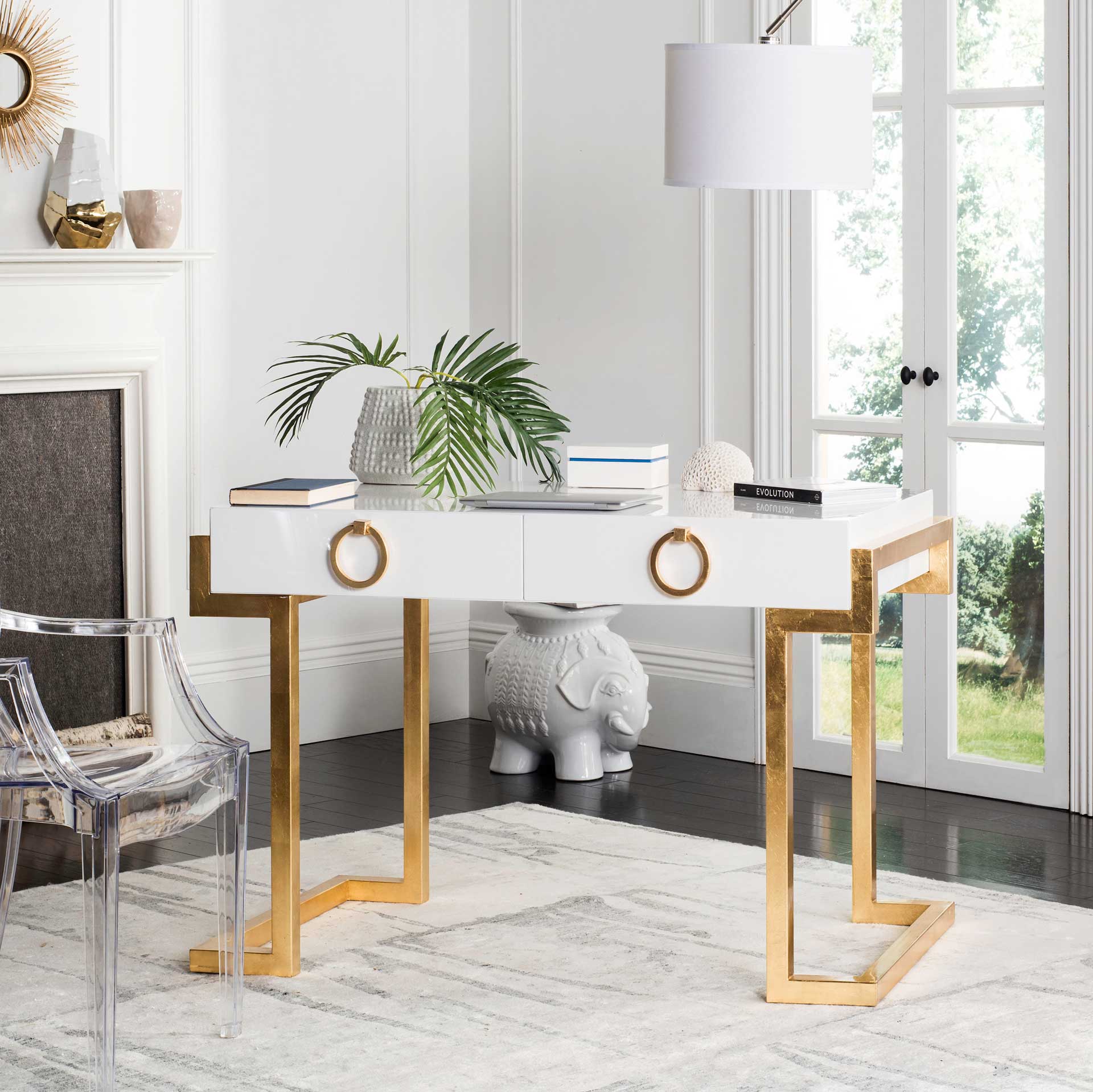 Maddison 2-Drawer Lacquer Desk White/Gold - Image 10