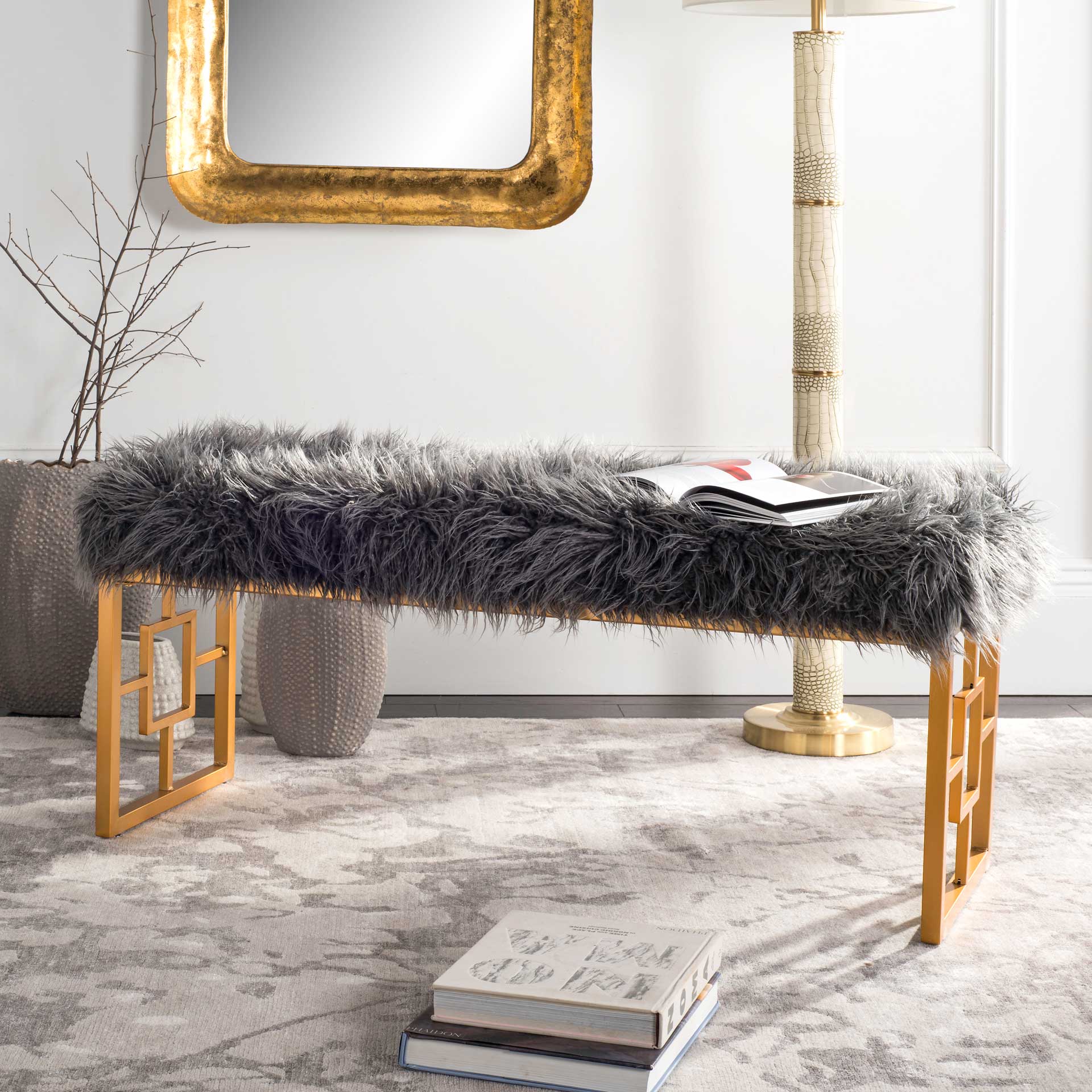 Meher Faux Sheepskin Bench Gray - Image 7
