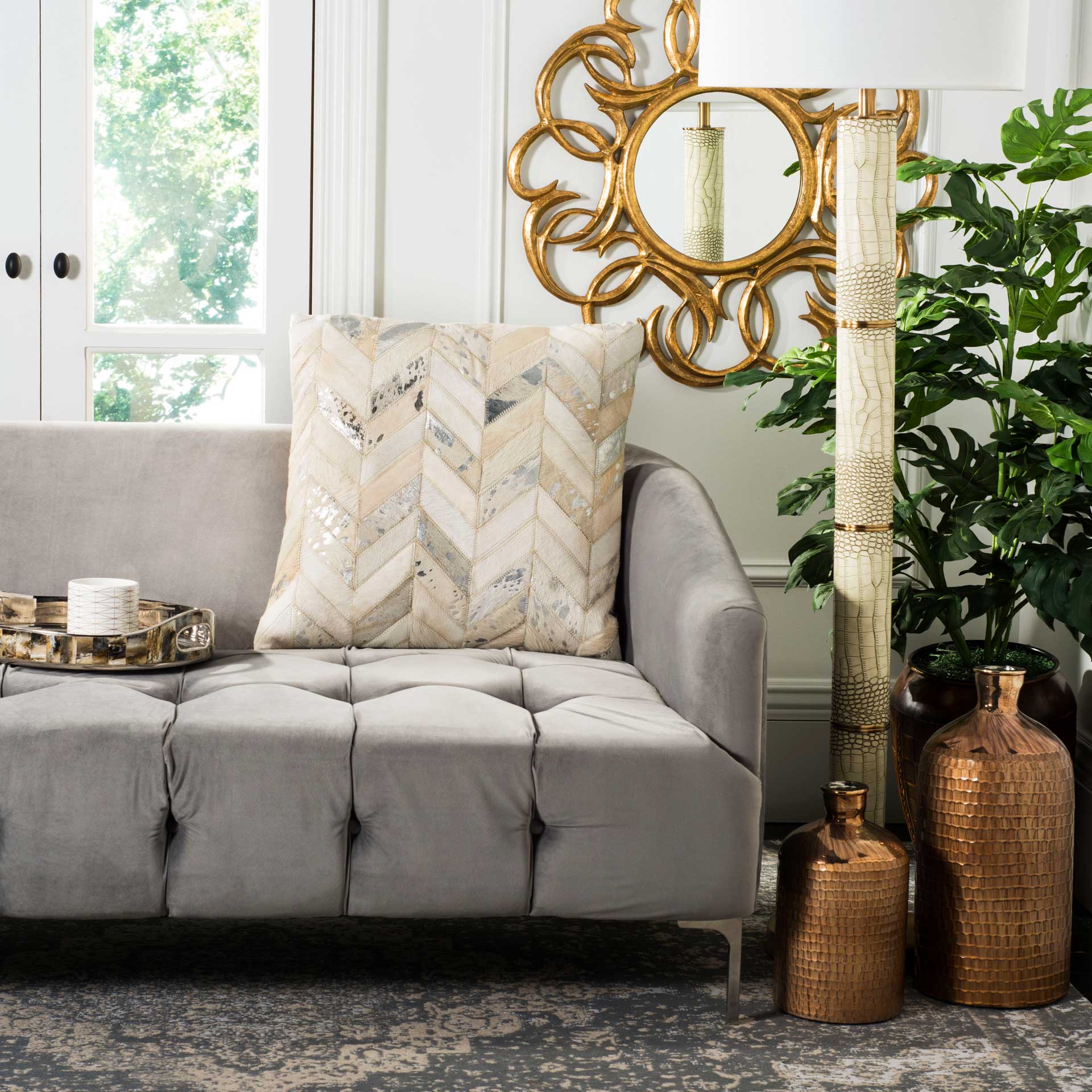 Metallic Herringbone Cowhide Pillow Beige/Gold - Image 5