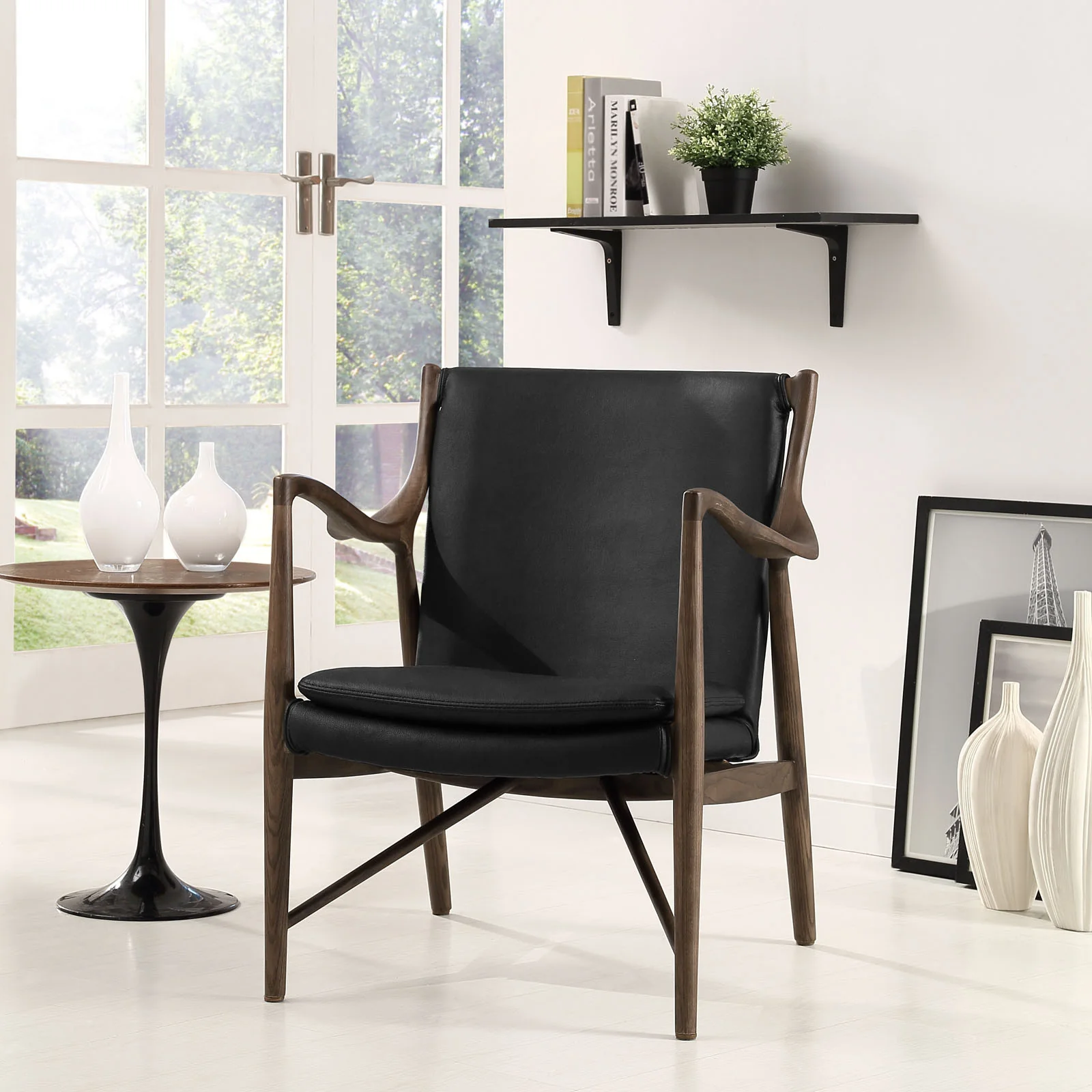 Minerva Leather Lounge Chair Walnut Black - Image 4
