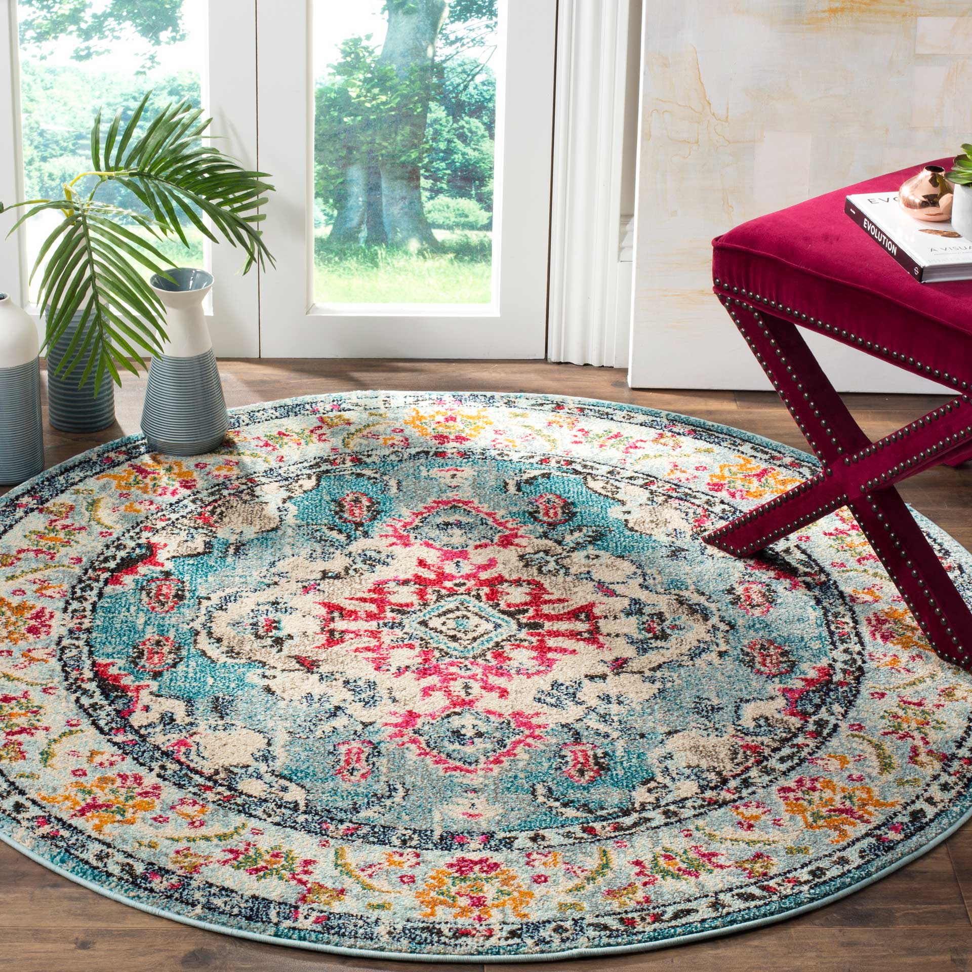 Monaco Light Blue/Fuchsia Round Rug - Image 6
