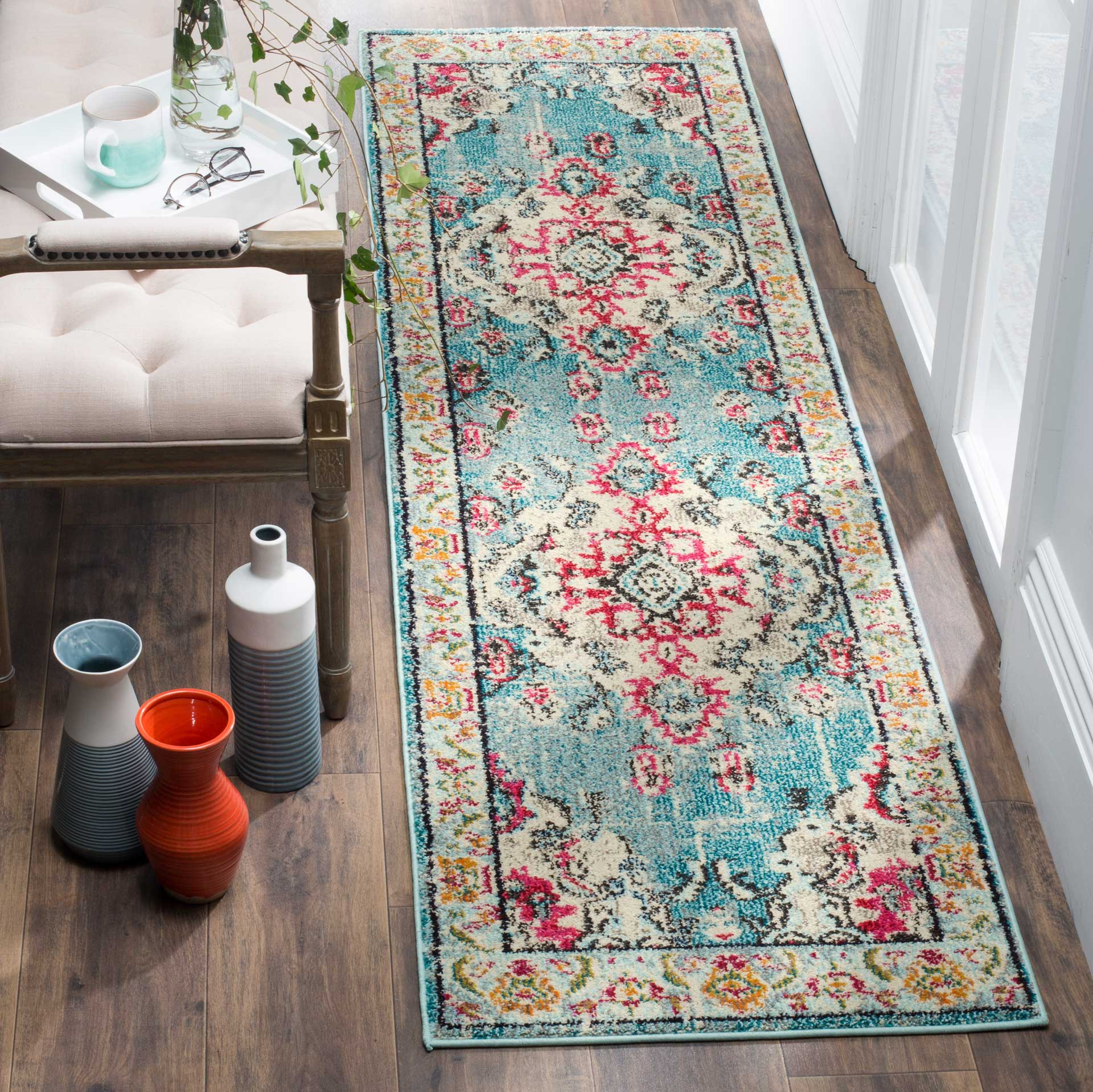 Monaco Light Blue/Fuchsia Runner Rug - Image 2