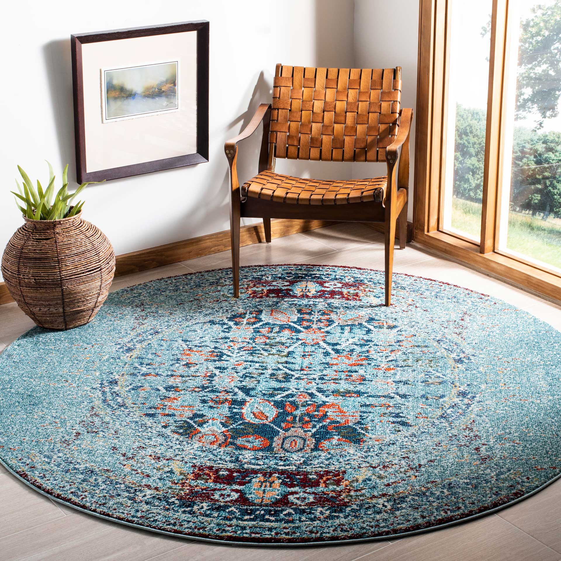 Monaco Washed Blue/Multi Round Rug - Image 3