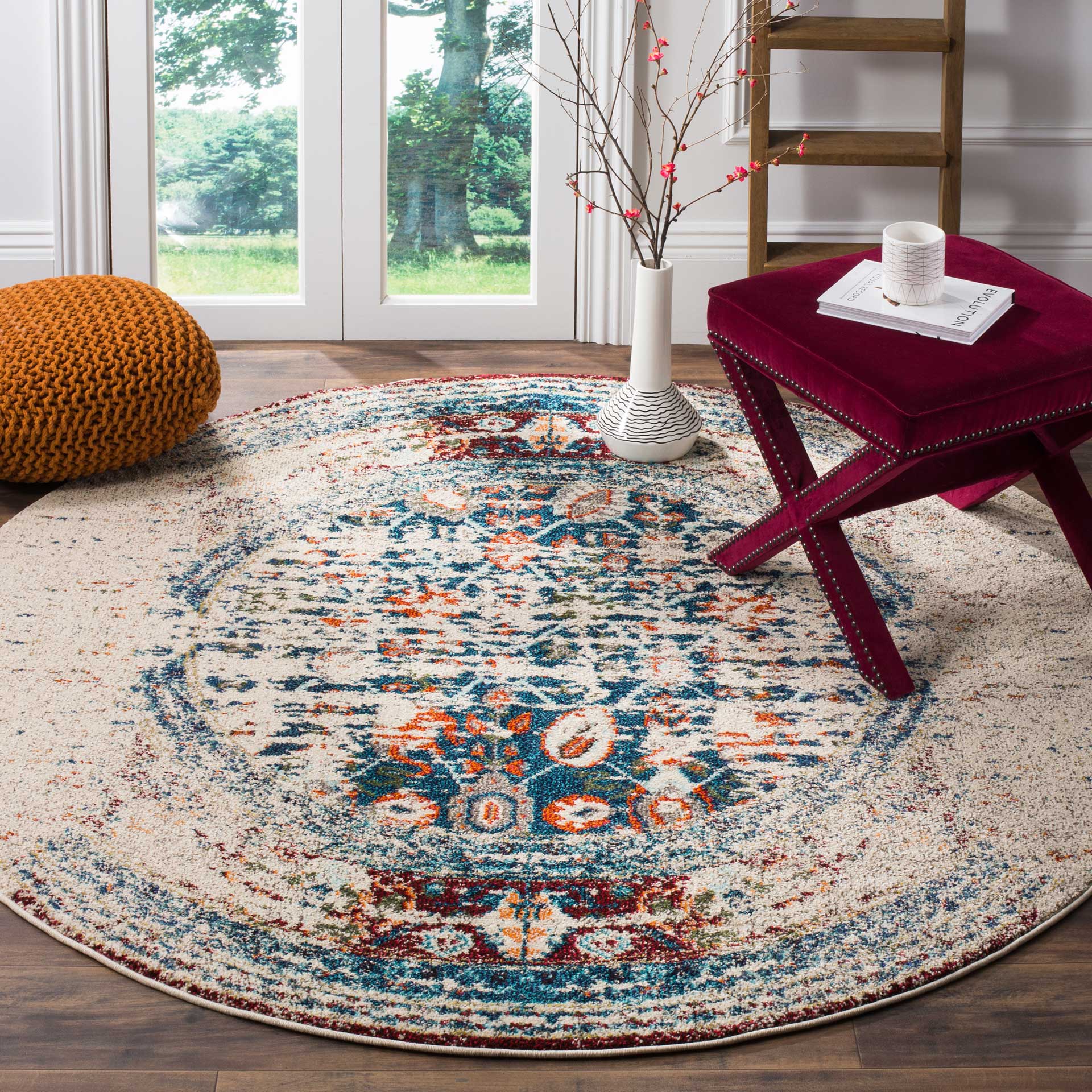 Monaco Washed Ivory/Blue Round Rug - Image 3