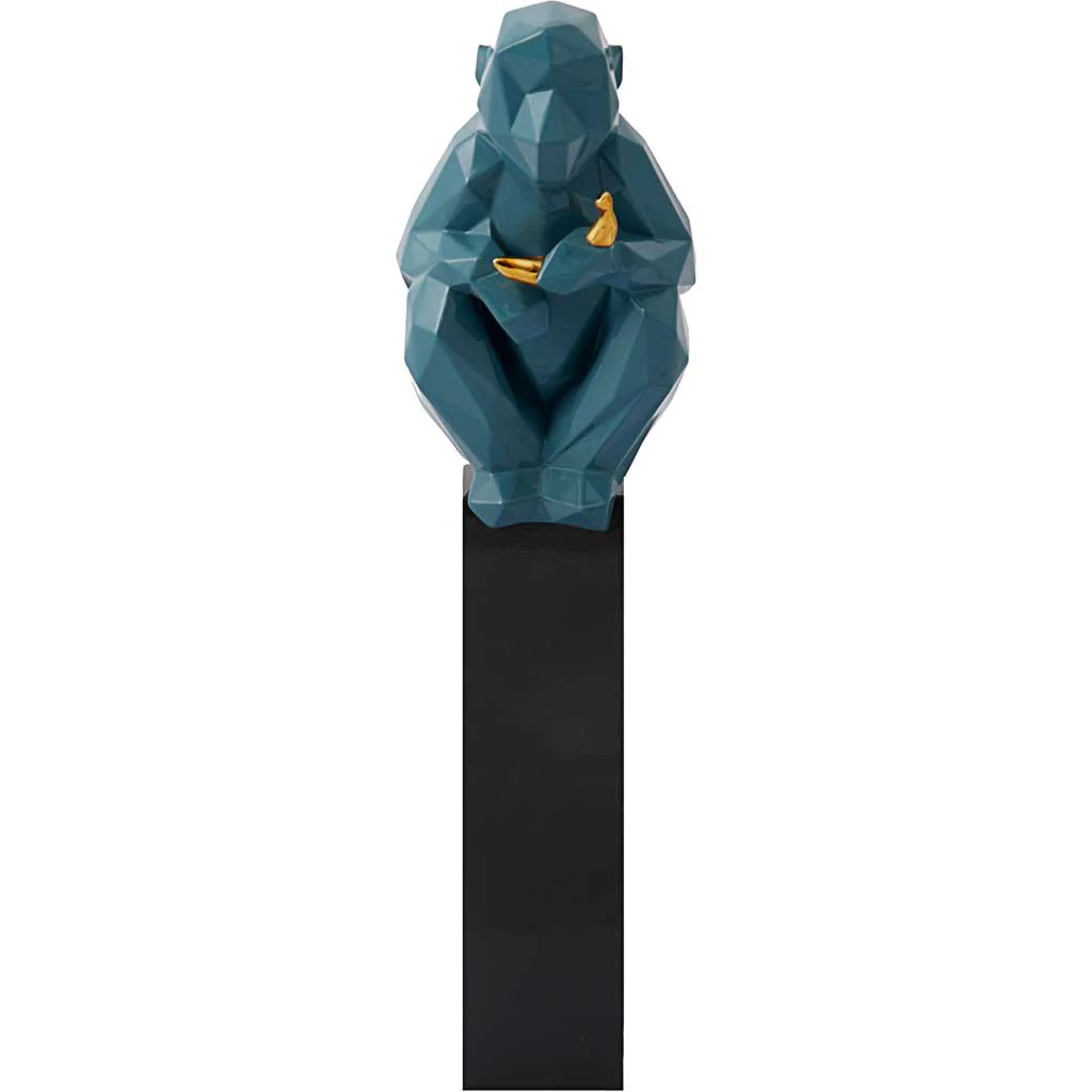 Monkey Holding Banana Sculpture Blue/Gold - Image 4