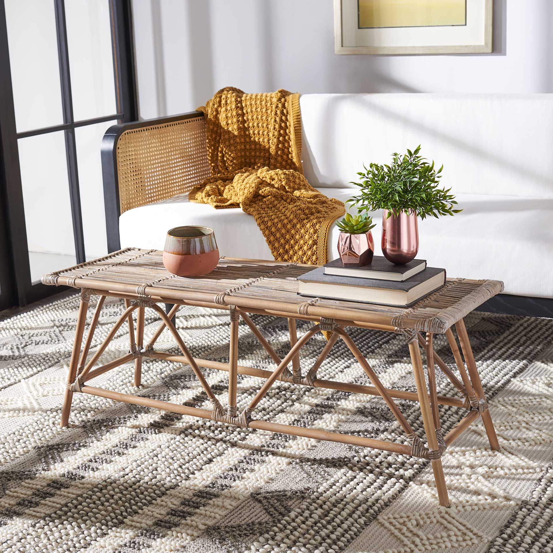 Monroe Rattan Coffee Table Gray White Wash - Image 4