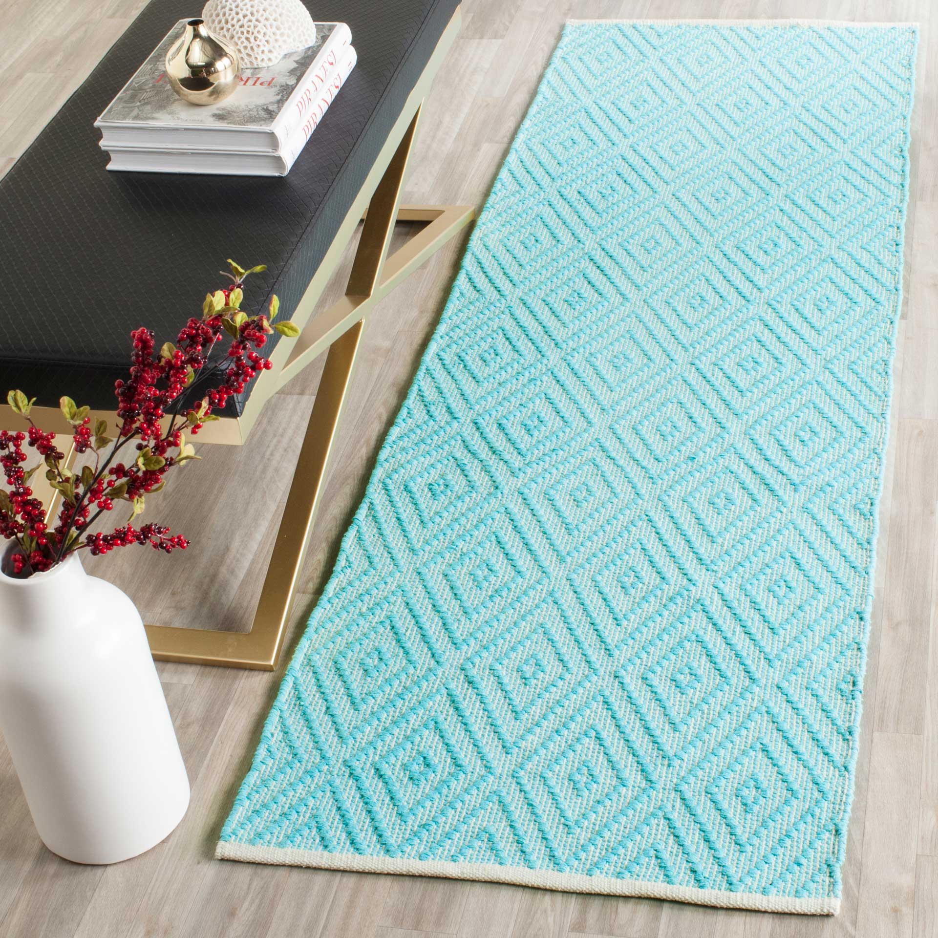 Montauk Diamond Turquoise/Ivory Runner Rug - Image 3