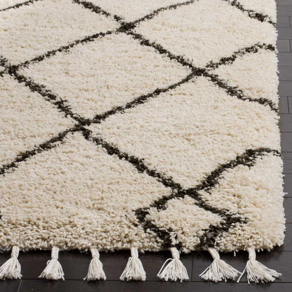 Moroccan Diamond Fringe Shag Cream/Charcoal Area Rug - Image 5