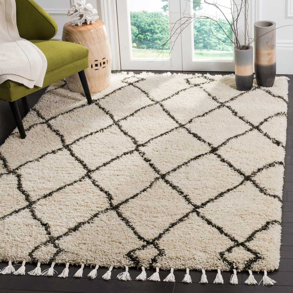 Moroccan Diamond Fringe Shag Cream/Charcoal Area Rug - Image 7