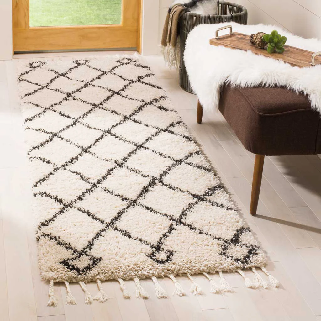 Moroccan Diamond Fringe Shag Cream/Charcoal Runner Rug - Image 2