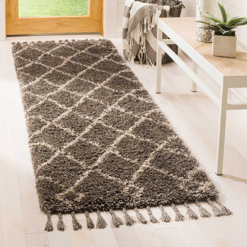 Moroccan Diamond Fringe Shag Gray/Cream Runner Rug - Image 2