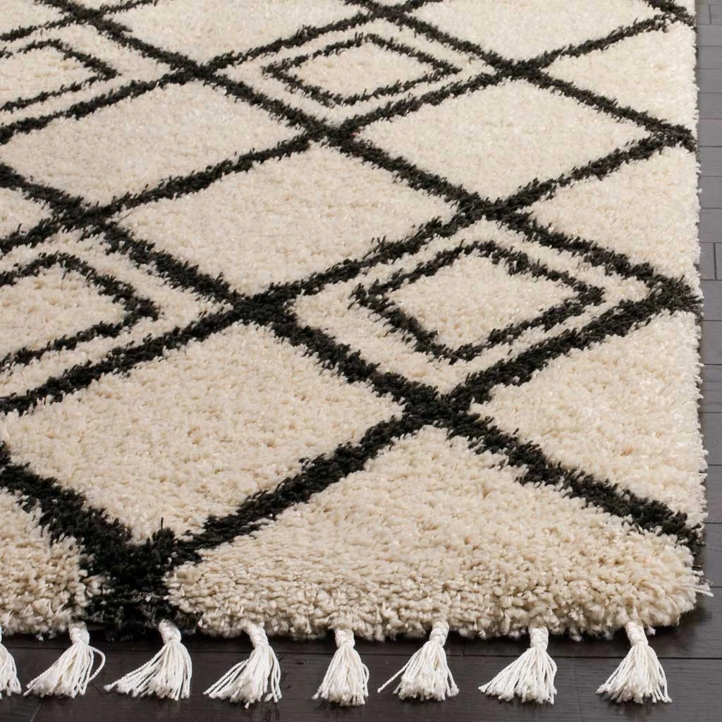 Moroccan Inscribed Fringe Shag Cream/Charcoal Area Rug - Image 5