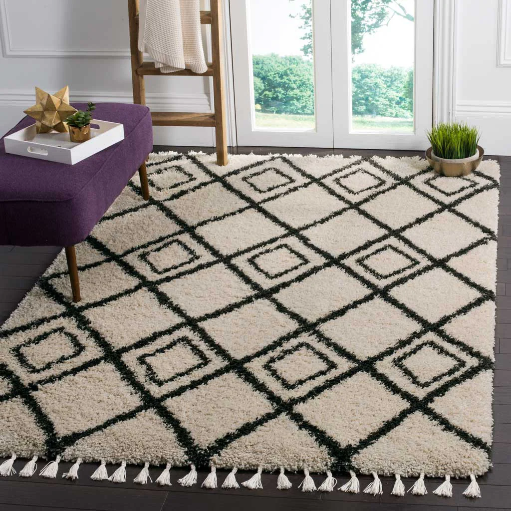 Moroccan Inscribed Fringe Shag Cream/Charcoal Area Rug - Image 7
