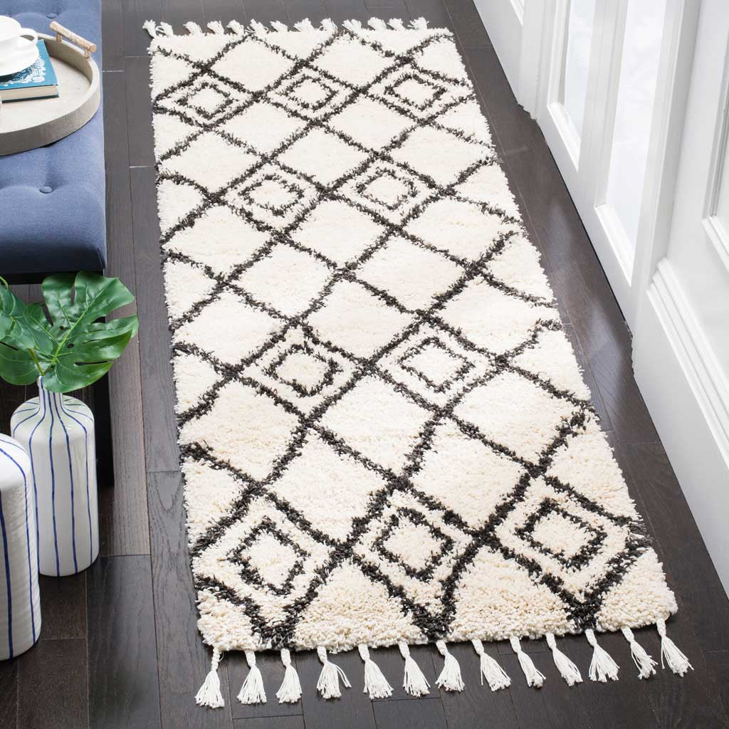 Moroccan Inscribed Fringe Shag Cream/Charcoal Runner Rug - Image 2