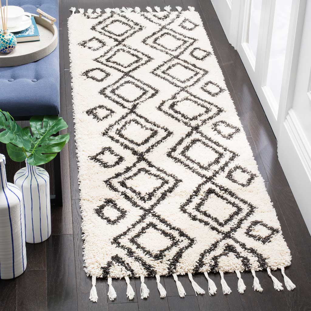 Moroccan Mingle Fringe Shag Cream/Charcoal Runner Rug - Image 2