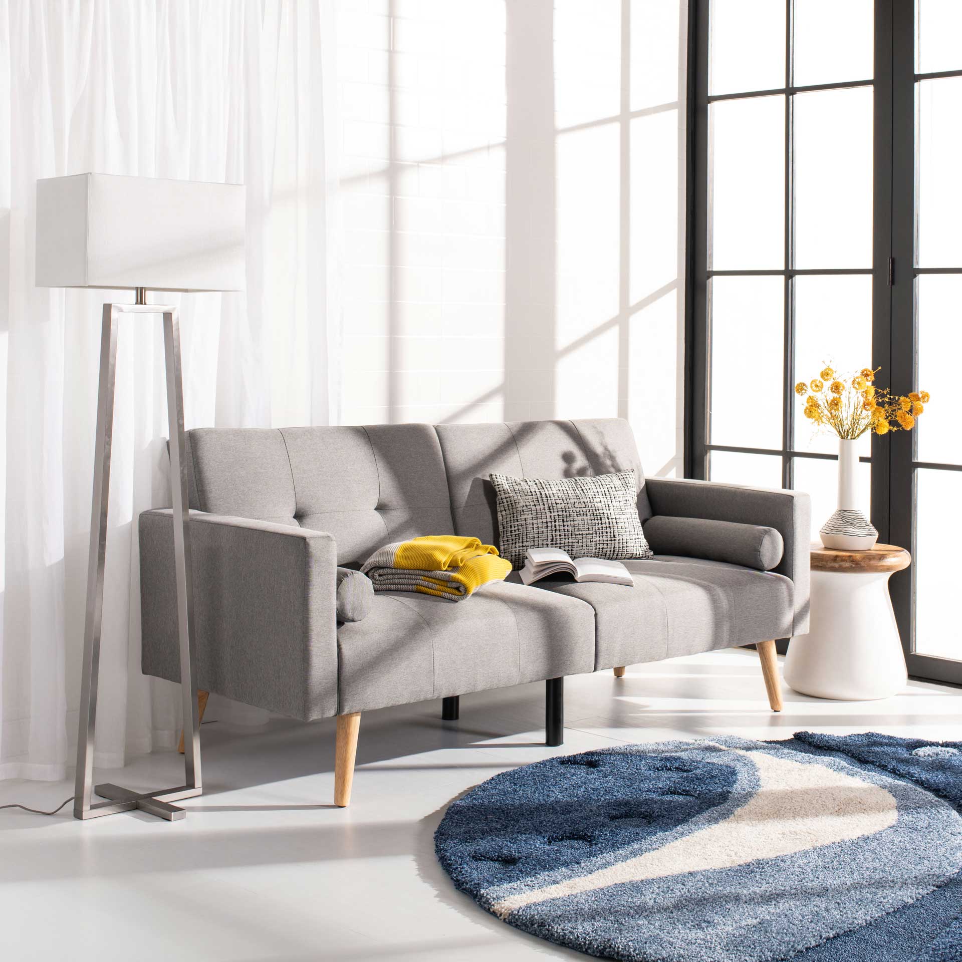 Musa Foldable Futon Bed With Pillow Gray Linen - Image 7