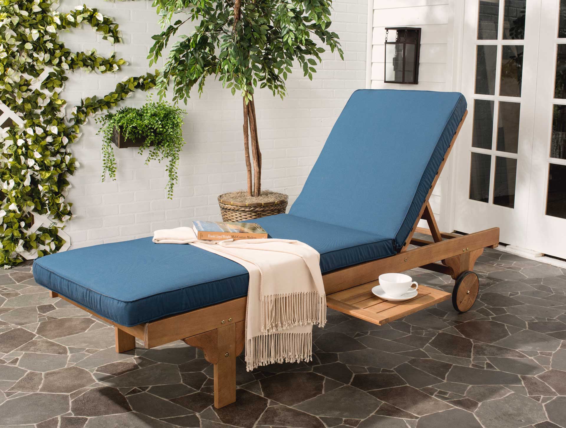 Neptune Chaise Lounge Chair With Side Table Teak Brown/Navy - Image 6