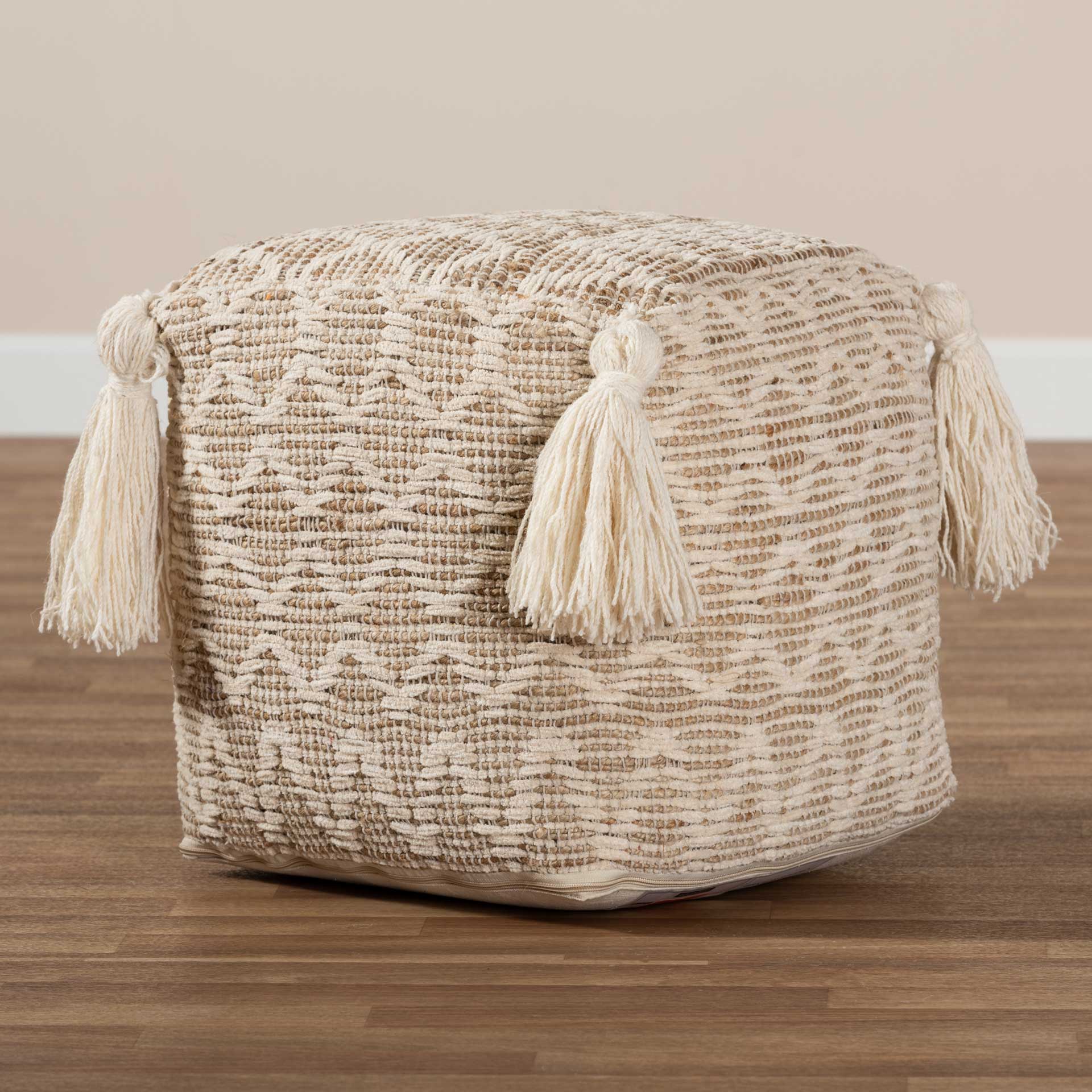 Noam Handwoven Cotton/Hemp Pouf Natural/Ivory - Image 5