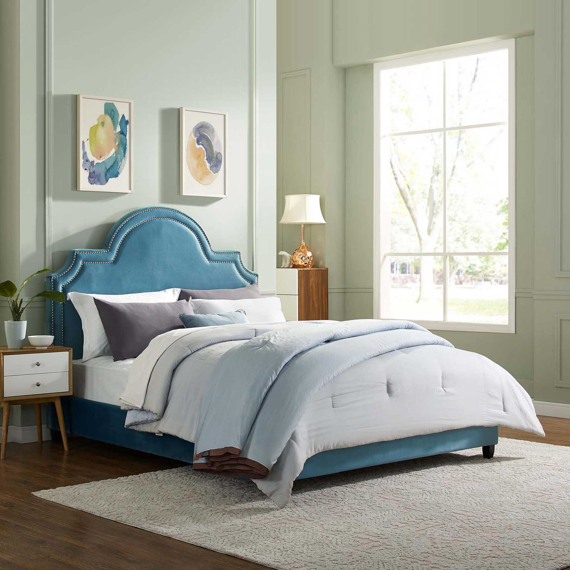 Patrick Velvet Platform Bed Sea Blue - Image 5