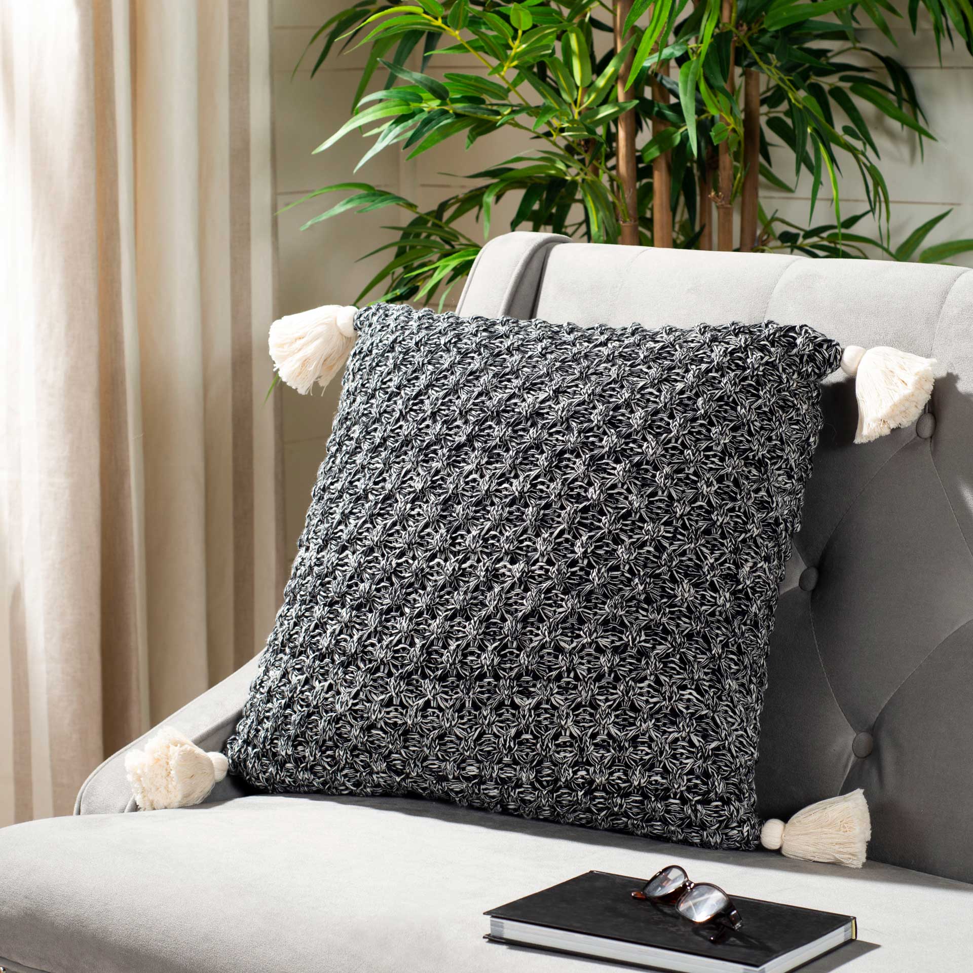 Peak Knit Tassel Pillow Black/Natural - Image 2