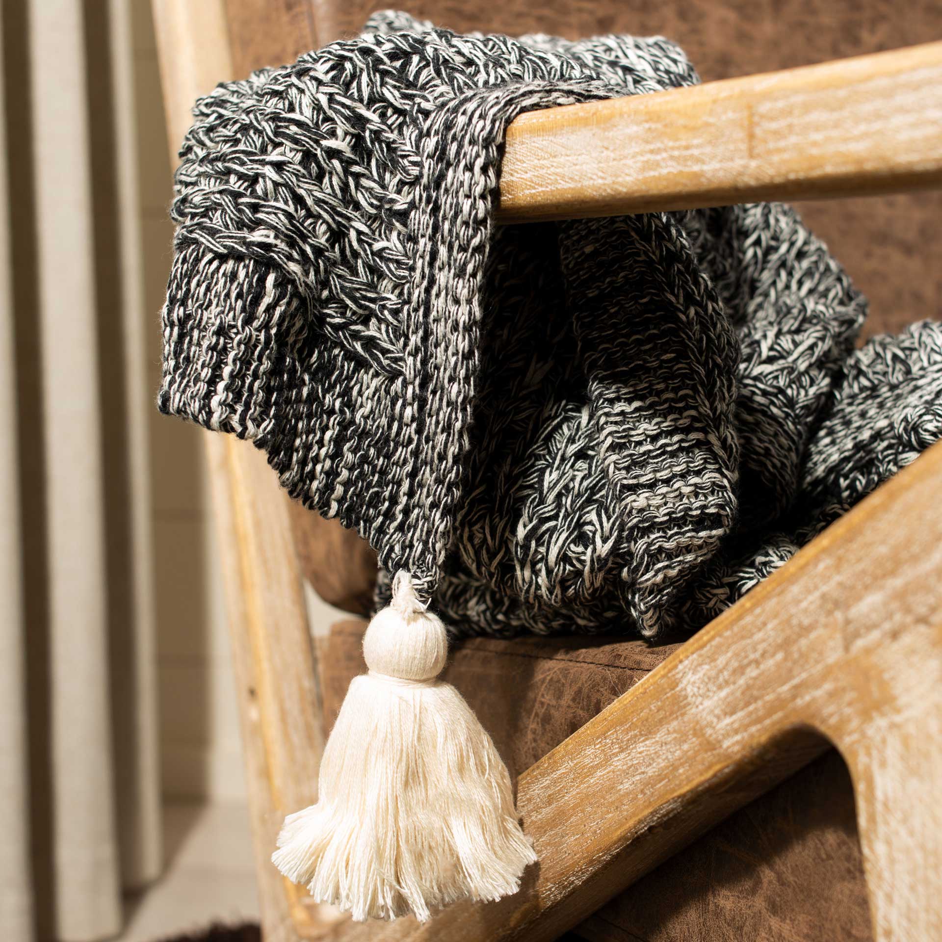 Peak Knit Tassel Throw Black/Natural - Image 2
