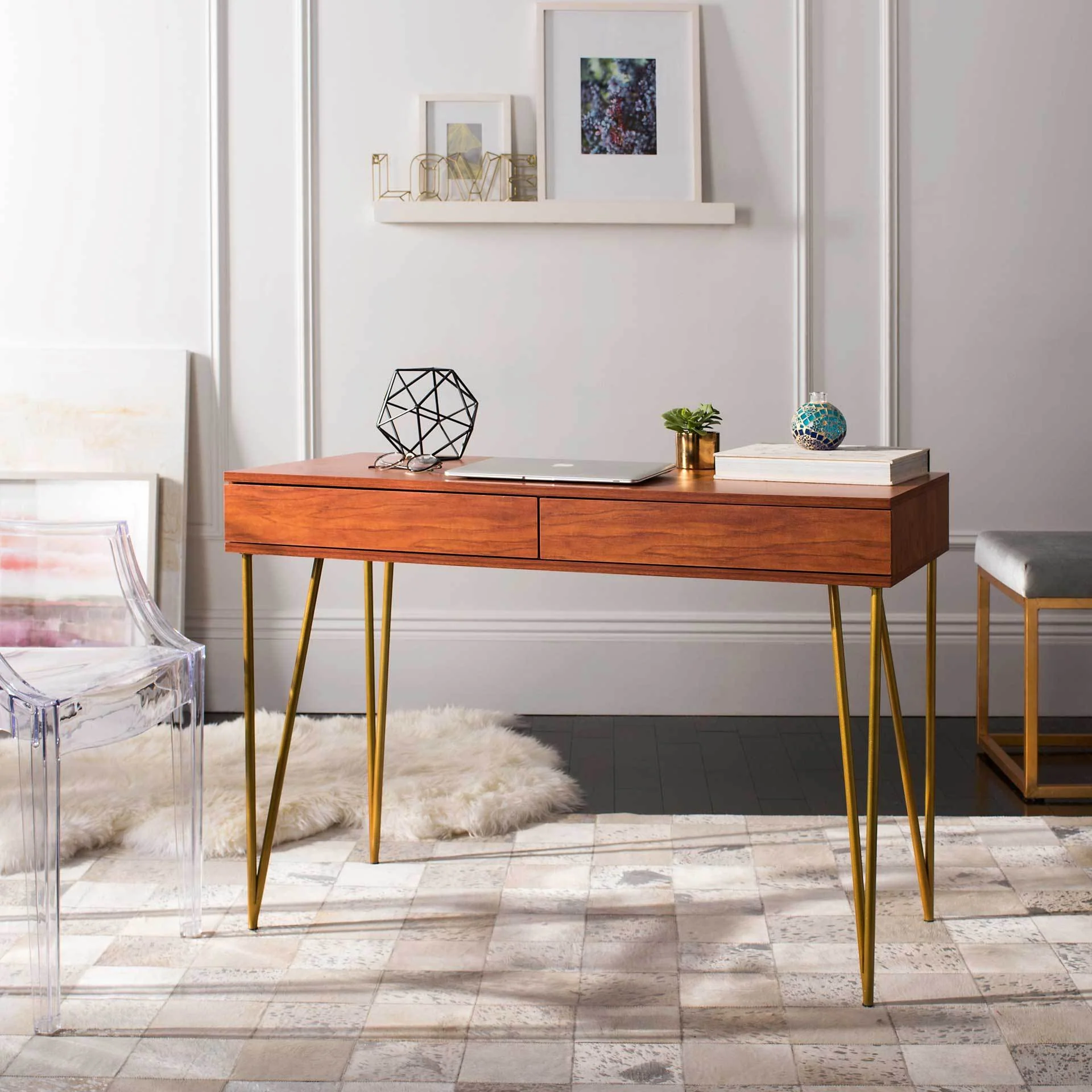 Pierce Two Drawer Desk Natural/Gold - Image 6