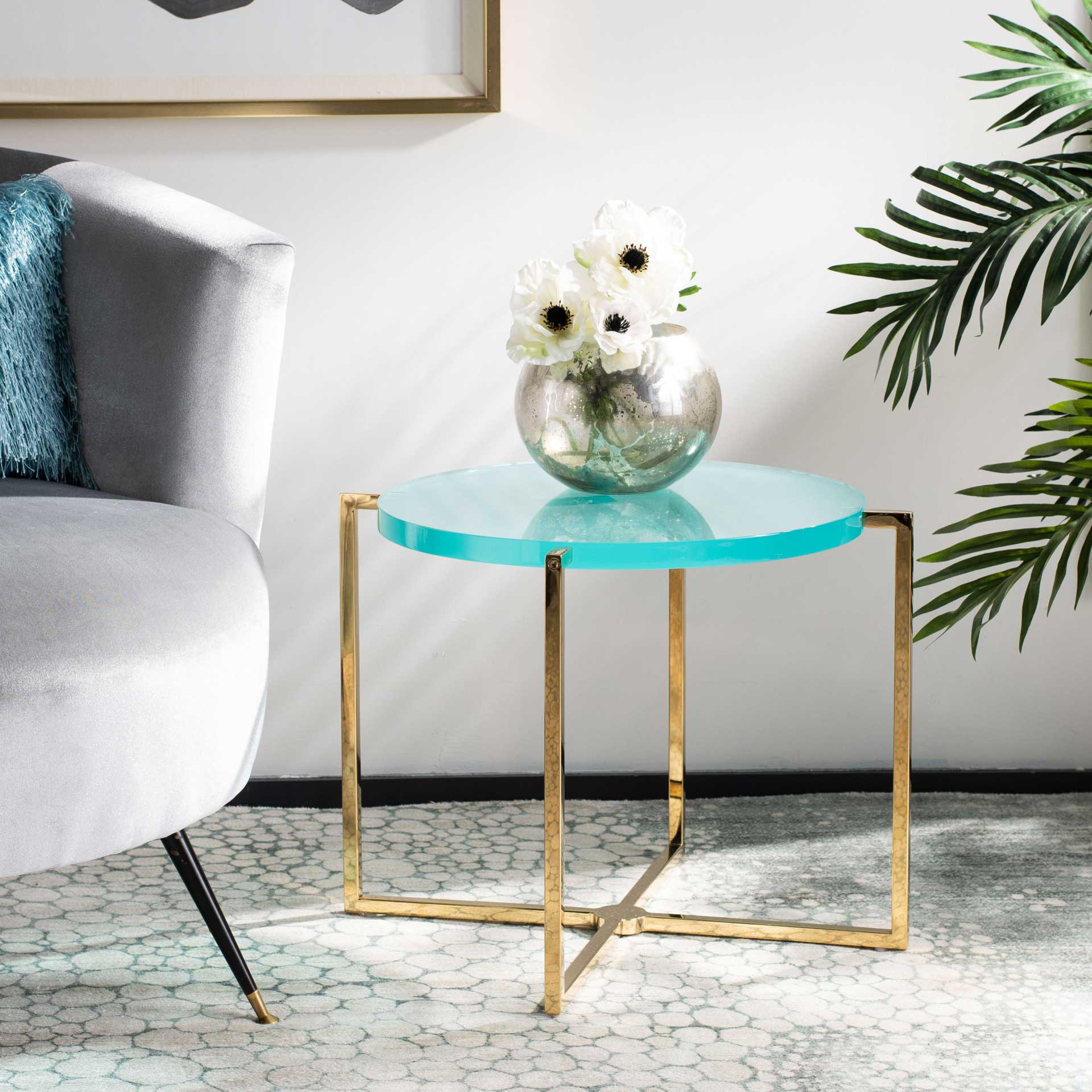Placido Round Acrylic End Table Sapphire/Gold - Image 7