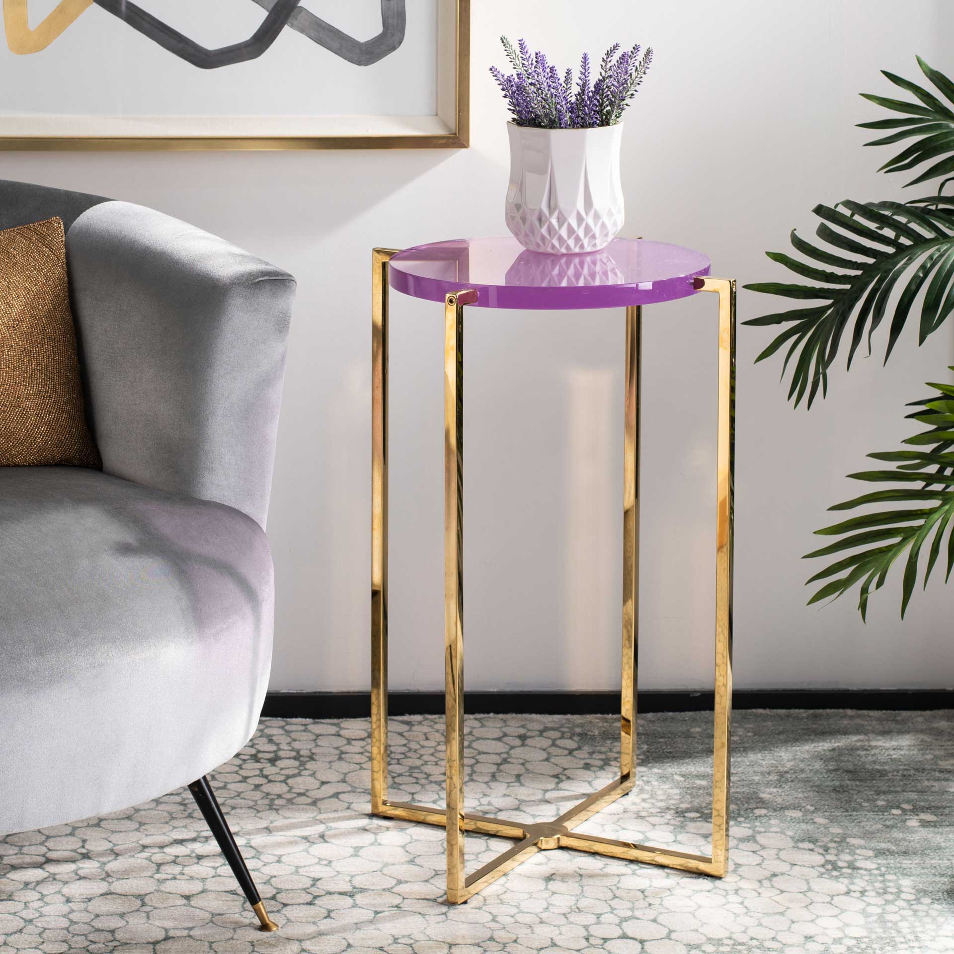 Placido Tall Round Acrylic End Table Amethyst/Gold - Image 7