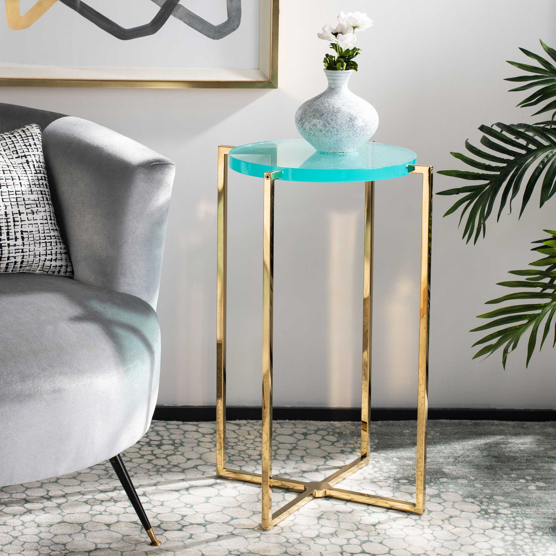 Placido Tall Round Acrylic End Table Sapphire/Gold - Image 7