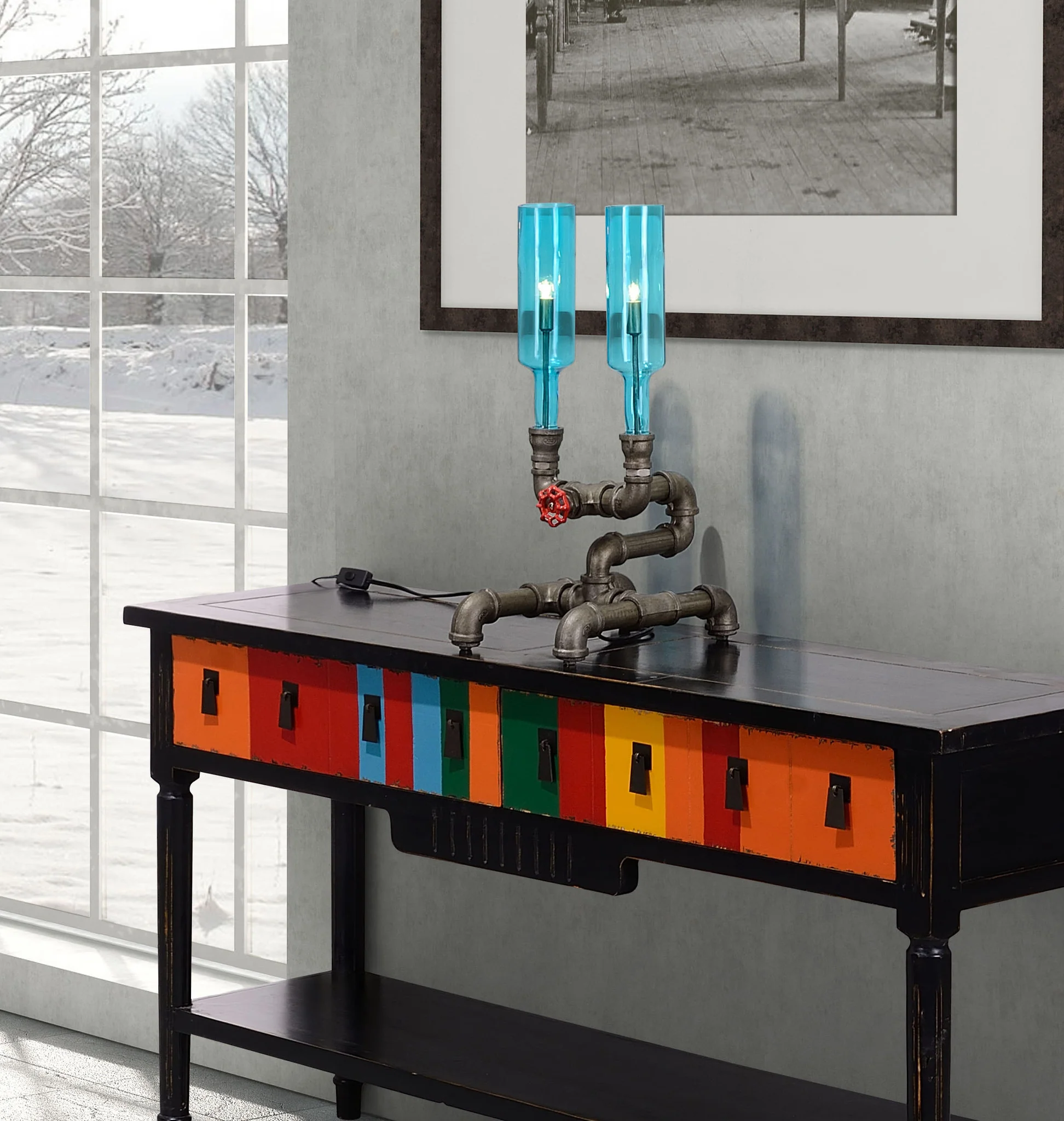 Planar Table Lamp Brass & Blue Glass - Image 5