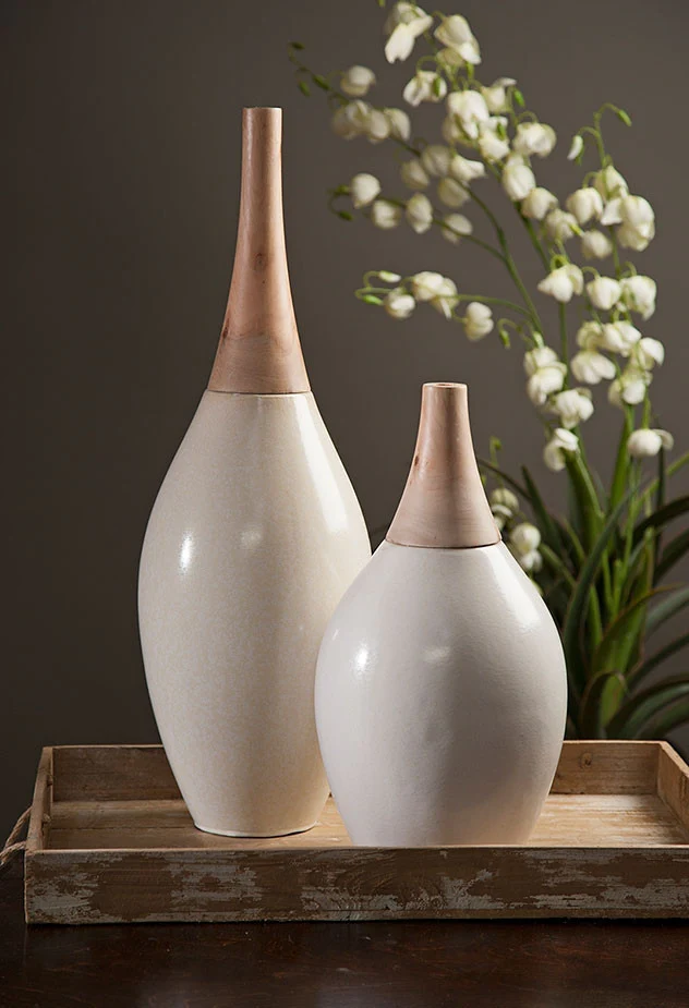 Pottawatomie Large Ceramic and Wood Vase - Image 2