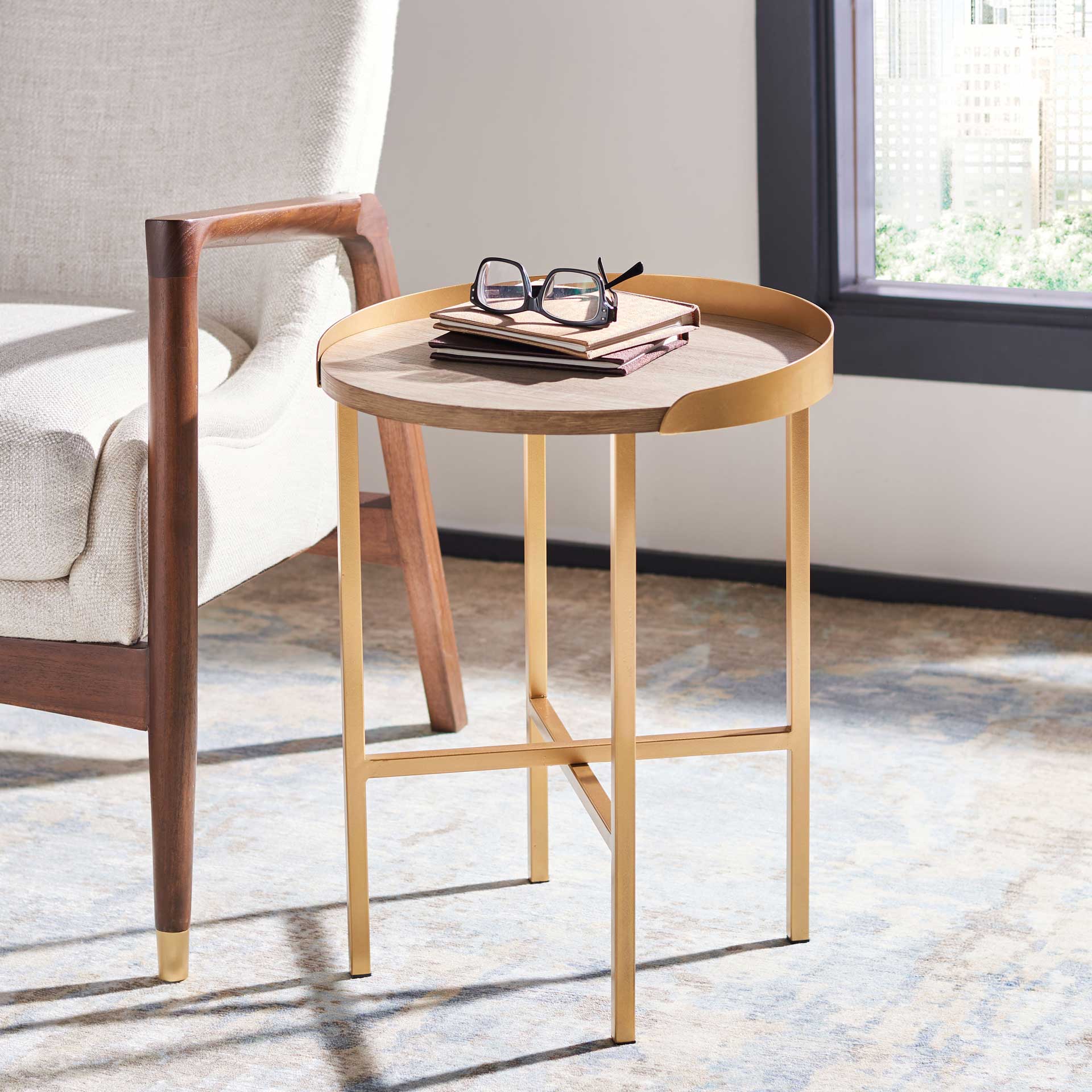 Preston Round Side Table Light Gray Oak/Gold - Image 6