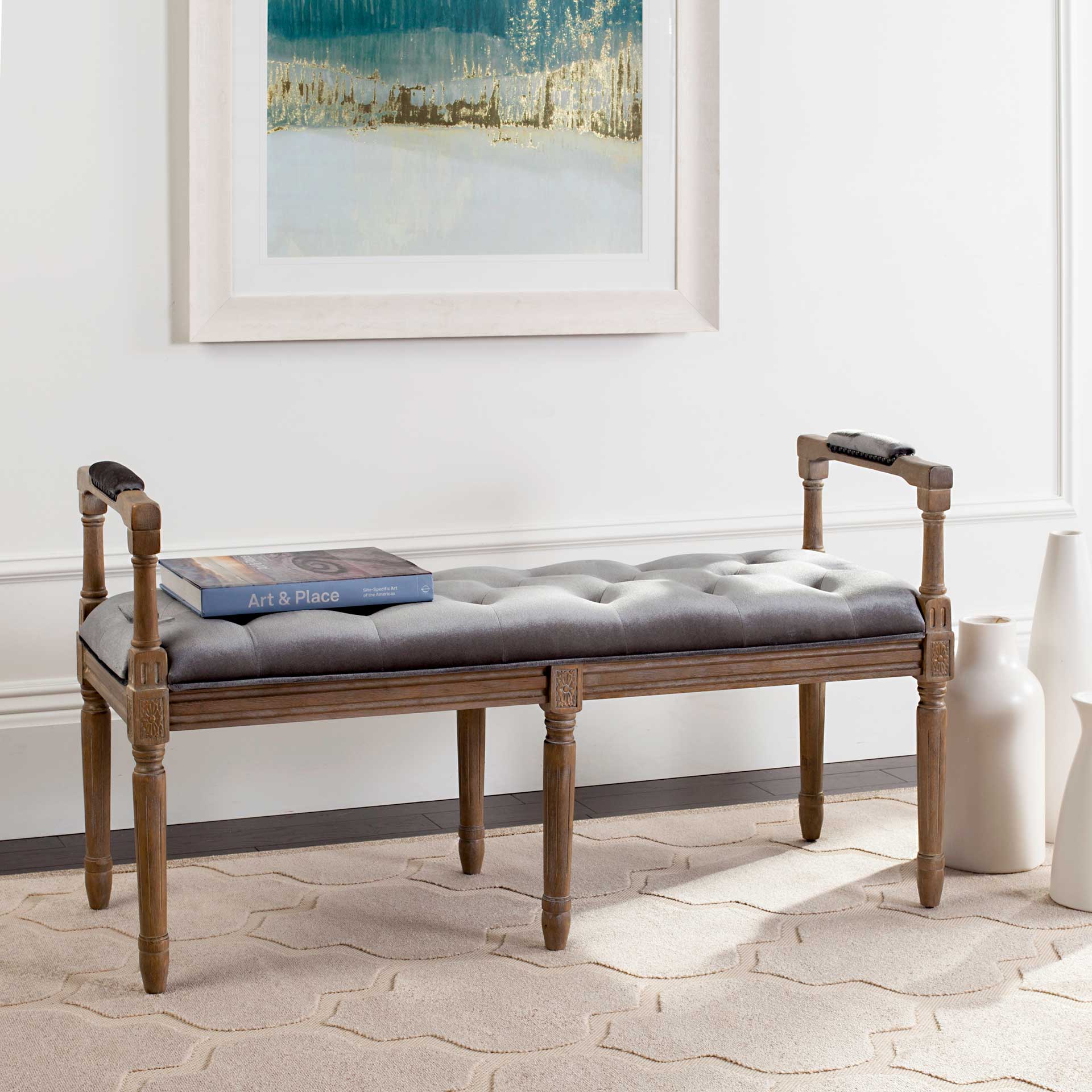 Raja Velvet Rustic Oak Bench Gray/Rustic Oak - Image 9