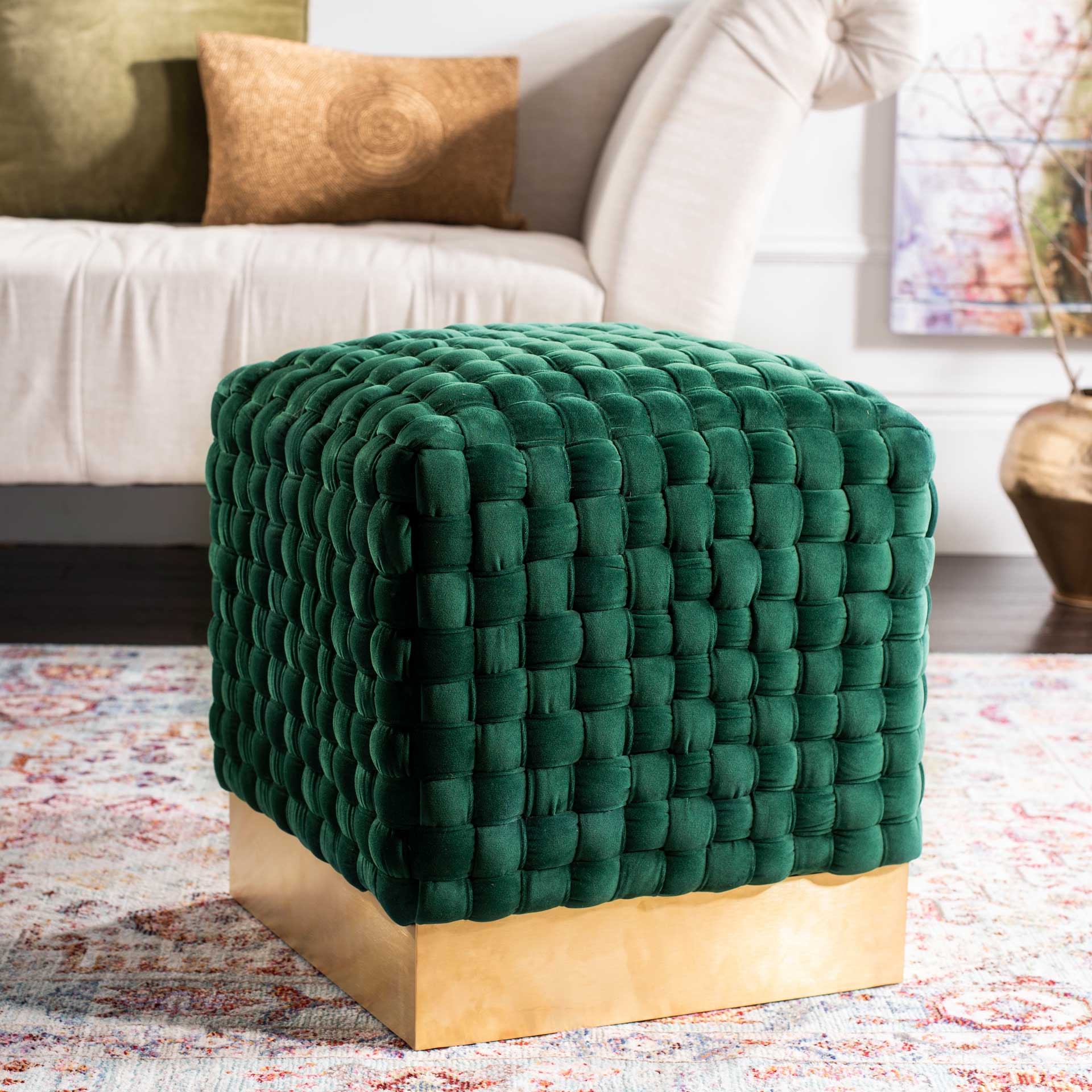Ramona Woven Velvet Ottoman Emerald - Image 7