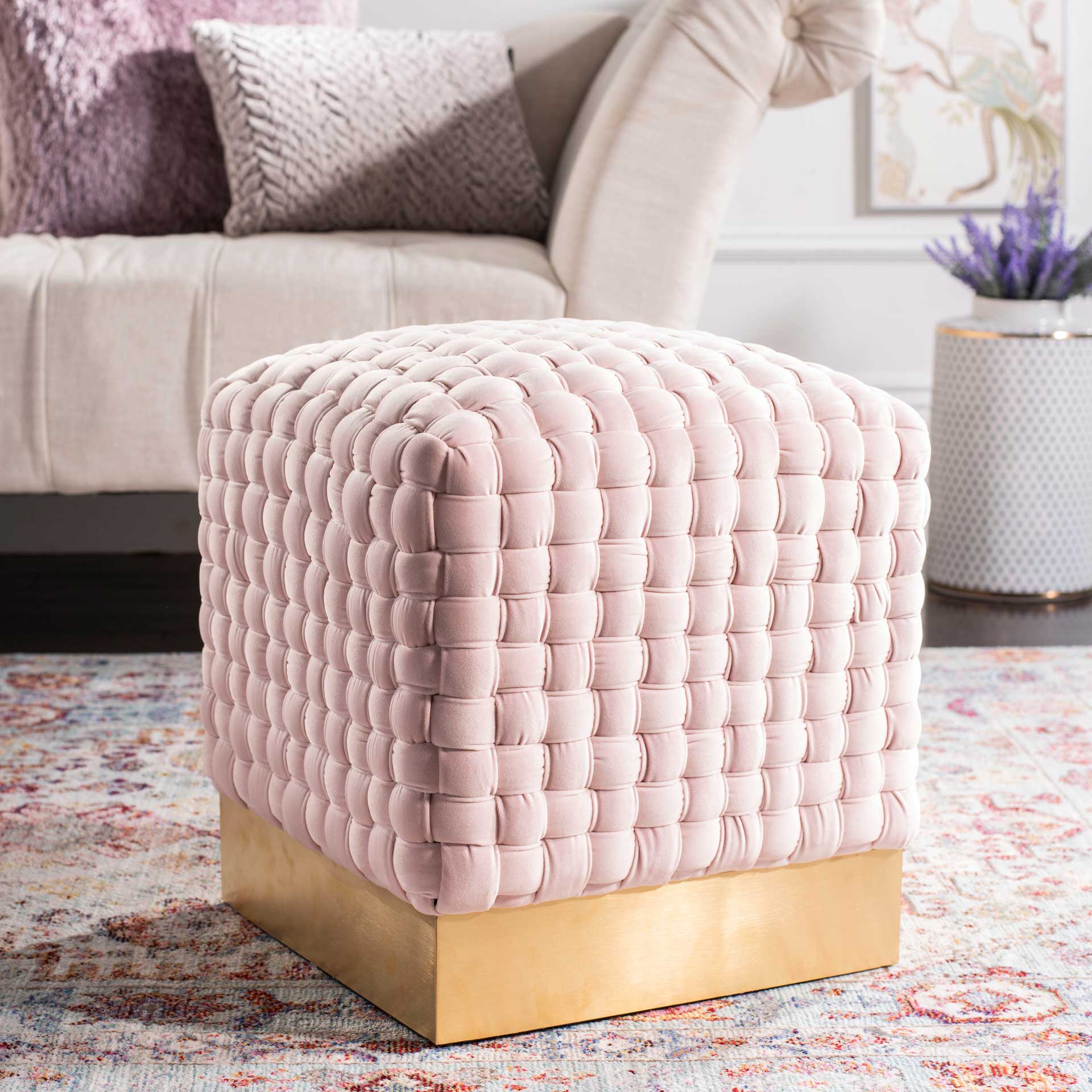 Ramona Woven Velvet Ottoman Pink - Image 7