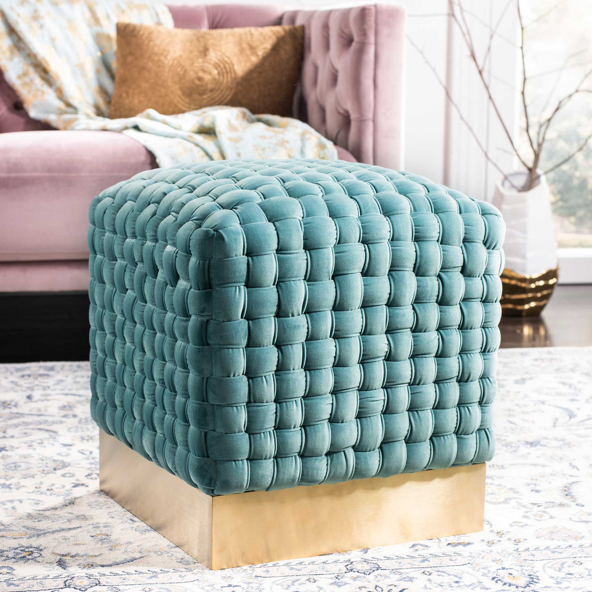 Ramona Woven Velvet Ottoman Seafoam - Image 7
