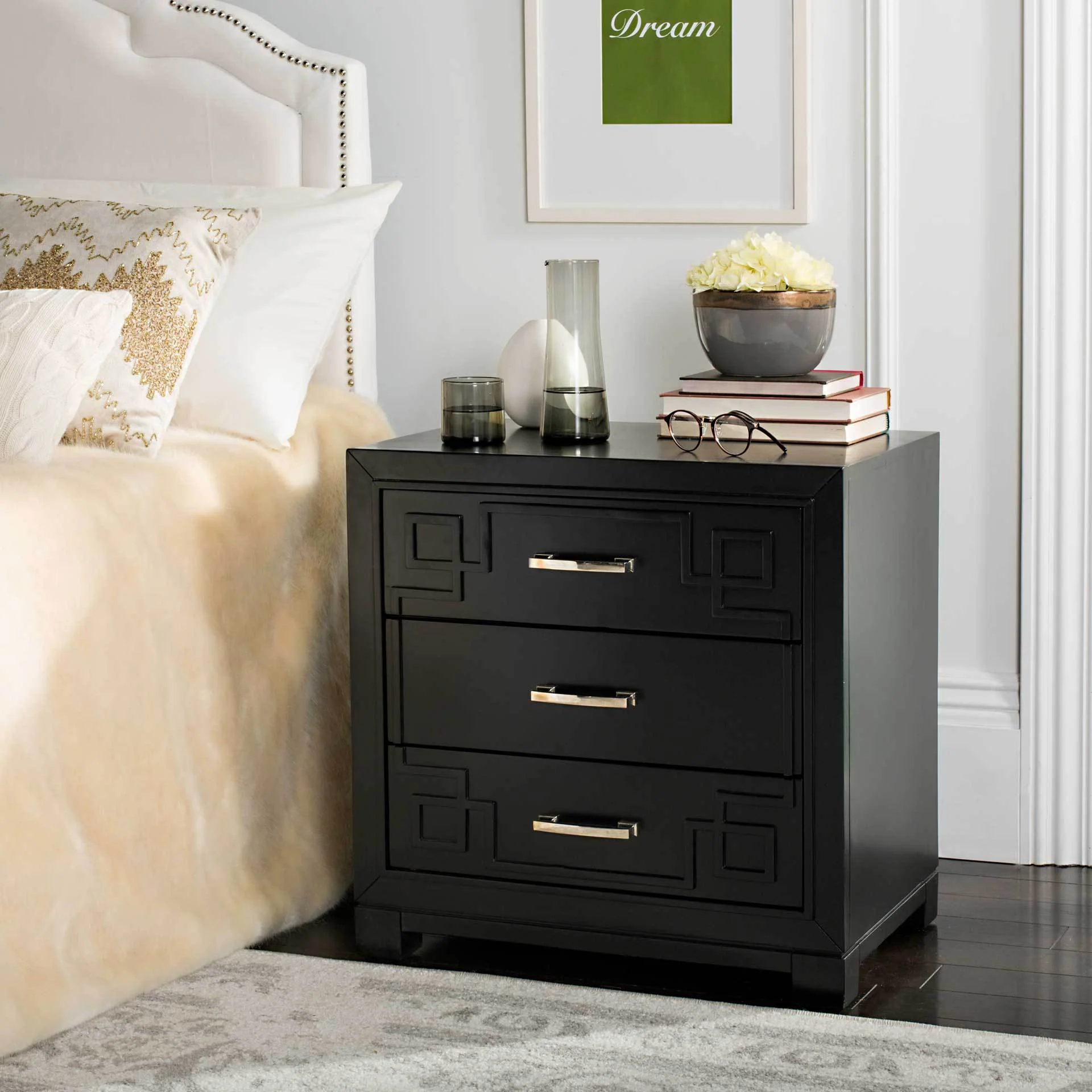 Randy 3 Drawer Greek Key Nightstand Black - Image 6
