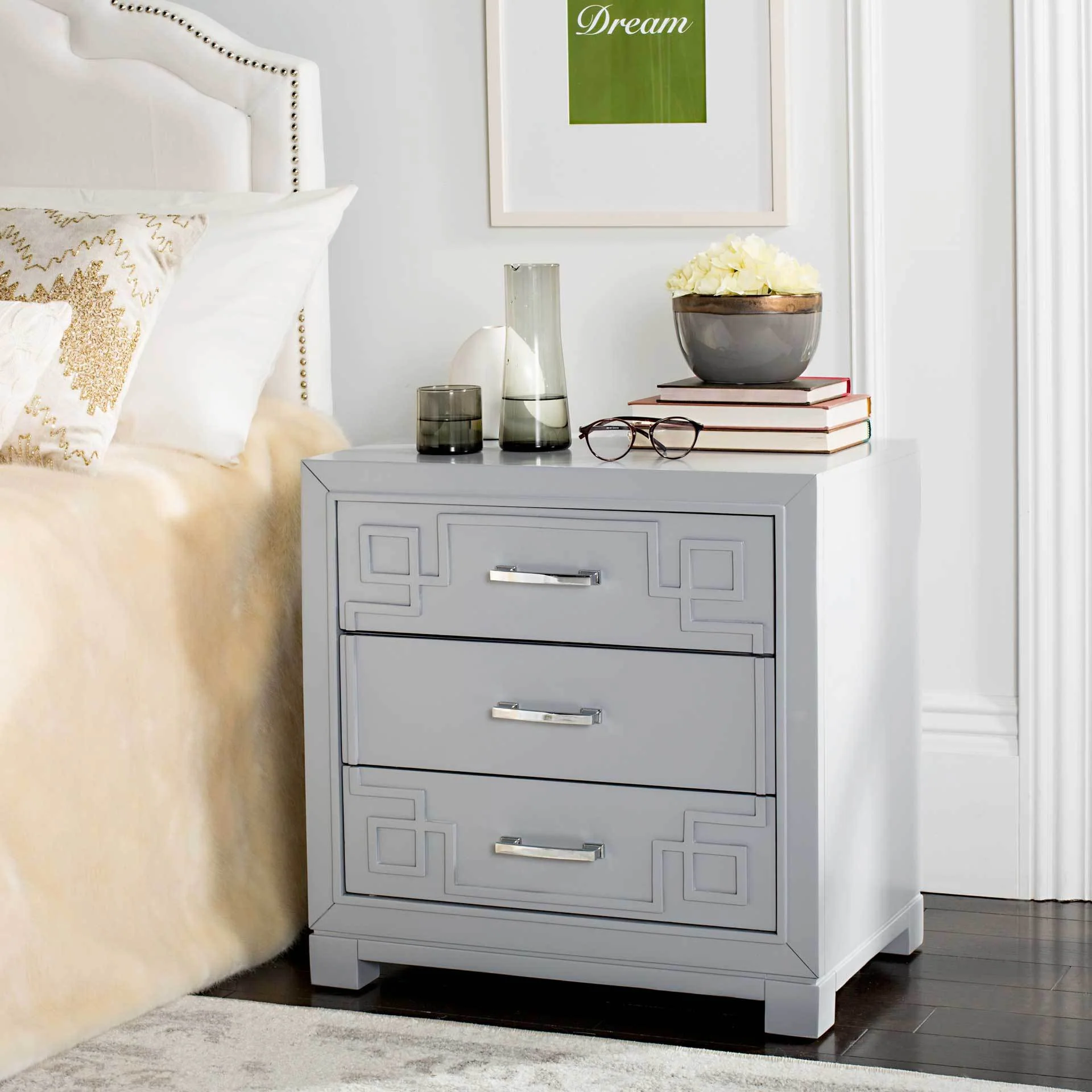 Randy 3 Drawer Greek Key Nightstand Gray - Image 6
