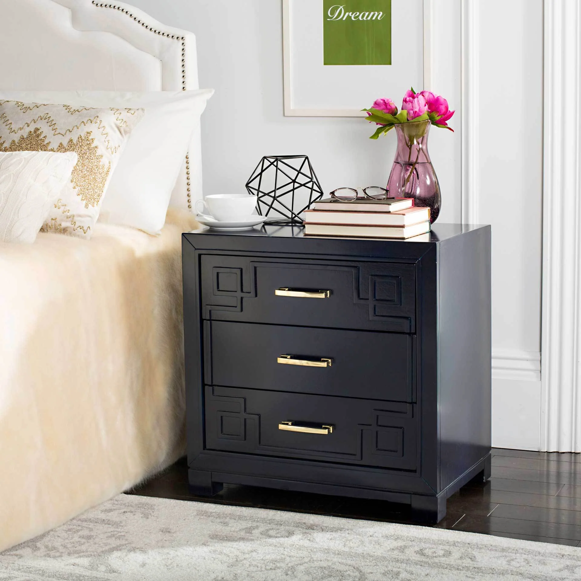 Randy 3 Drawer Greek Key Nightstand Navy - Image 6