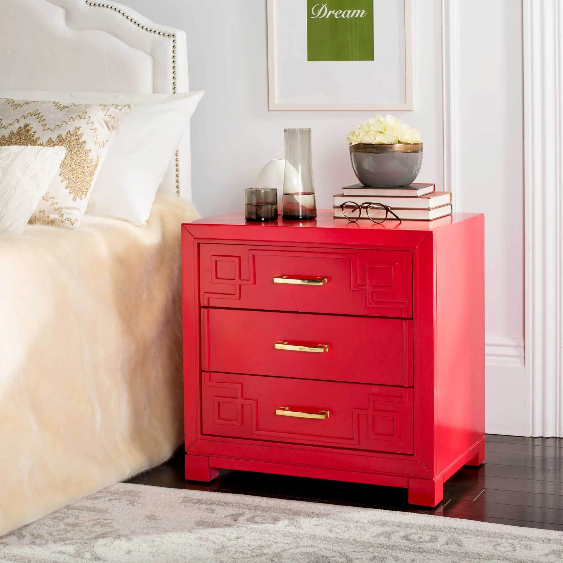 Randy 3 Drawer Greek Key Nightstand Red - Image 6