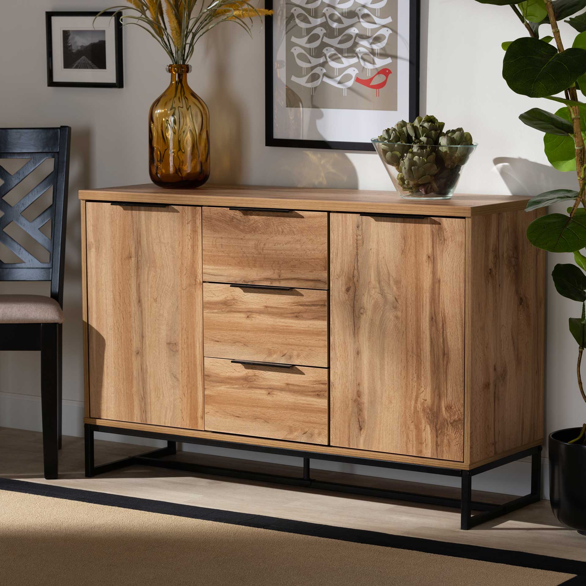 Realyn 3-Drawer Sideboard Oak/Black - Image 8