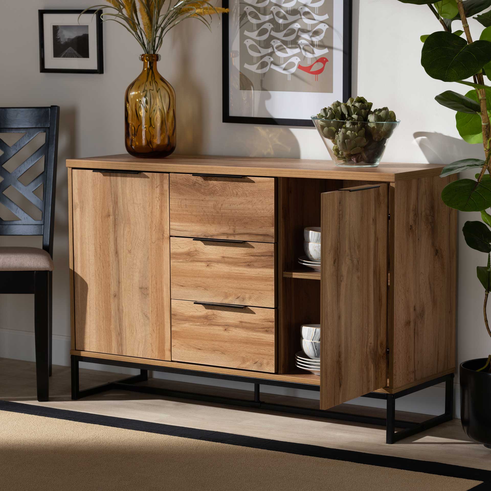 Realyn 3-Drawer Sideboard Oak/Black - Image 9