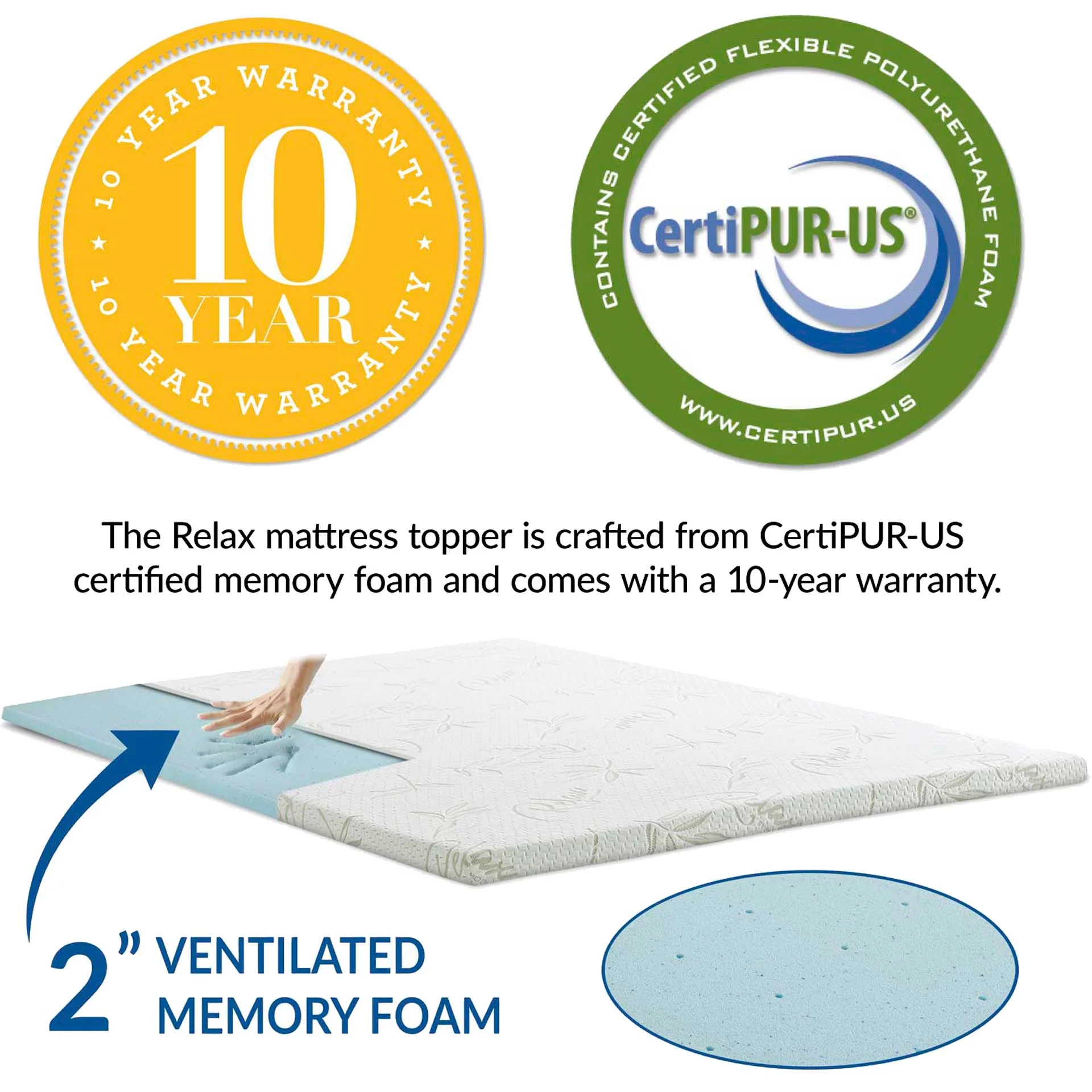 Relax 2" Gel Memory Foam Mattress Topper White - Image 2
