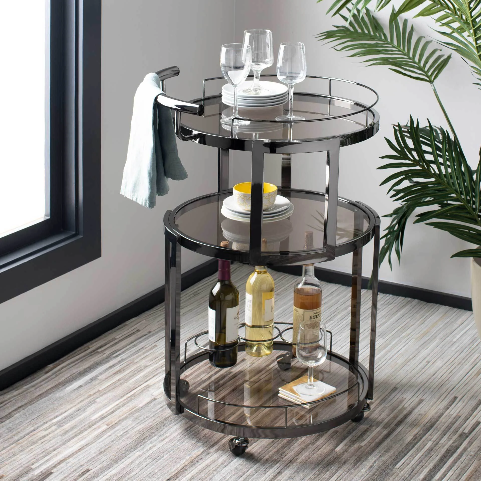 Ricky 3 Tier Round Bar Cart and Wine Rack Gun Metal/Tinted Glass - Image 6
